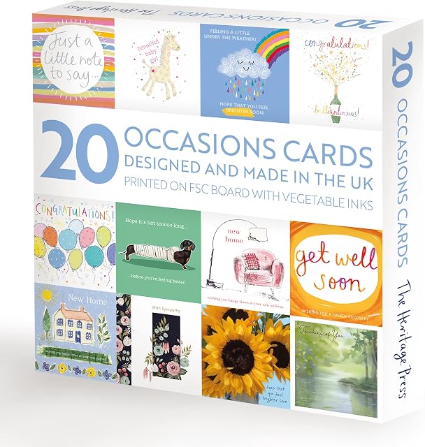 The Heritage Press 20 Mixed Occasions Cards for Family and Friends, Eco-friendly - Get well Soon, New Home, New Baby, Thank You, Thinking of You, Good Luck - Size 150x150mm - Pack of 20