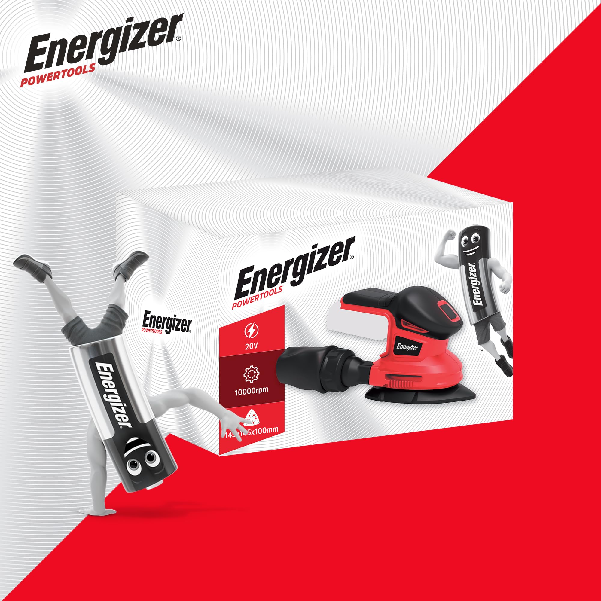 Energizer - Levigatrice Orbitale Multifunzione Triangolare Senza Fili 20V con Batterie Incluse – 10000 OPM, Sacchetto Aspirapolvere, 10 Fogli Abrasivi Inclusi (P60/80/120), Ideale per Finiture e Fa