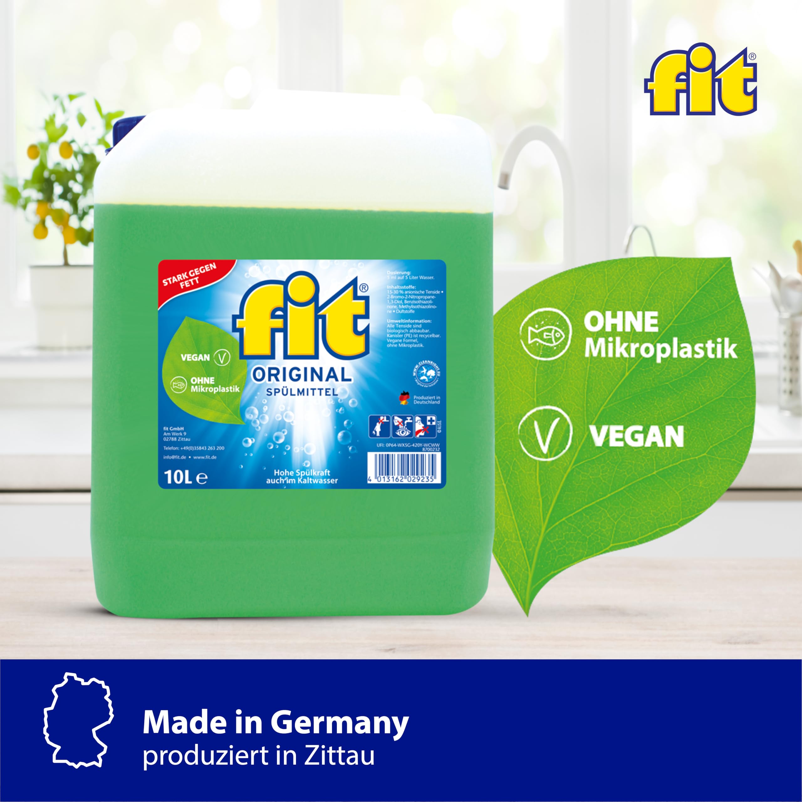 fit Lavavajillas de mano bidón de 10 l, detergente para lavavajillas contra grasa y almidón, respetuoso con la piel, vegano, sin microplásticos, original