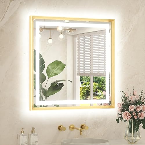 Miniatura 71 de TETOTE Espejo LED de baño de 24 x 32 pulgadas, marco de metal dorado cepillado frontal y retroiluminado, espejo de tocador antiniebla, regulable Oro