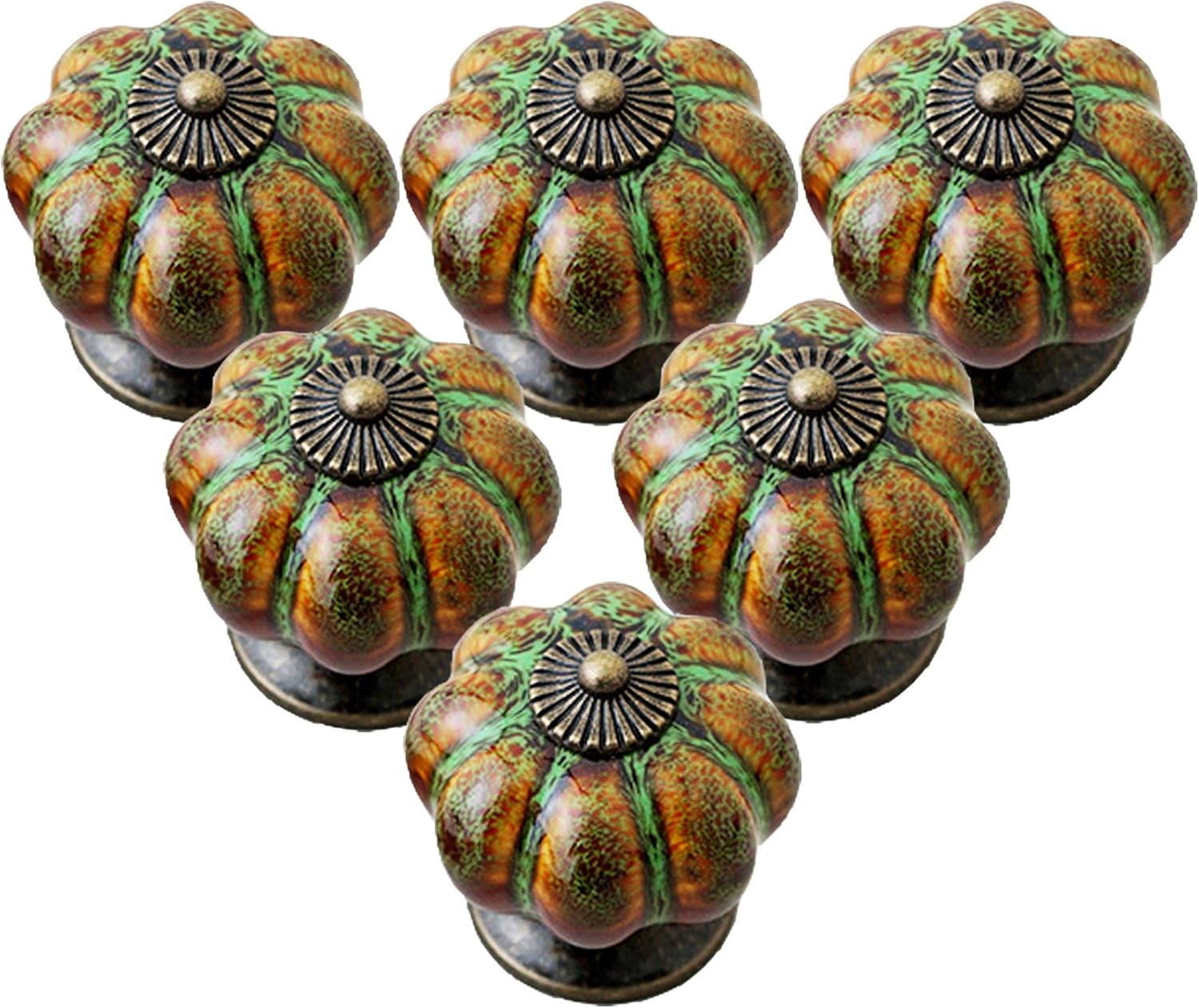 Cabinet Knobs 6 Pack Glazed Ceramic Knobs with Pumpkin Shape for Decor Door Pull Handle for Vintage Cabinet Drawers, Closets, Cupboard (Blue)