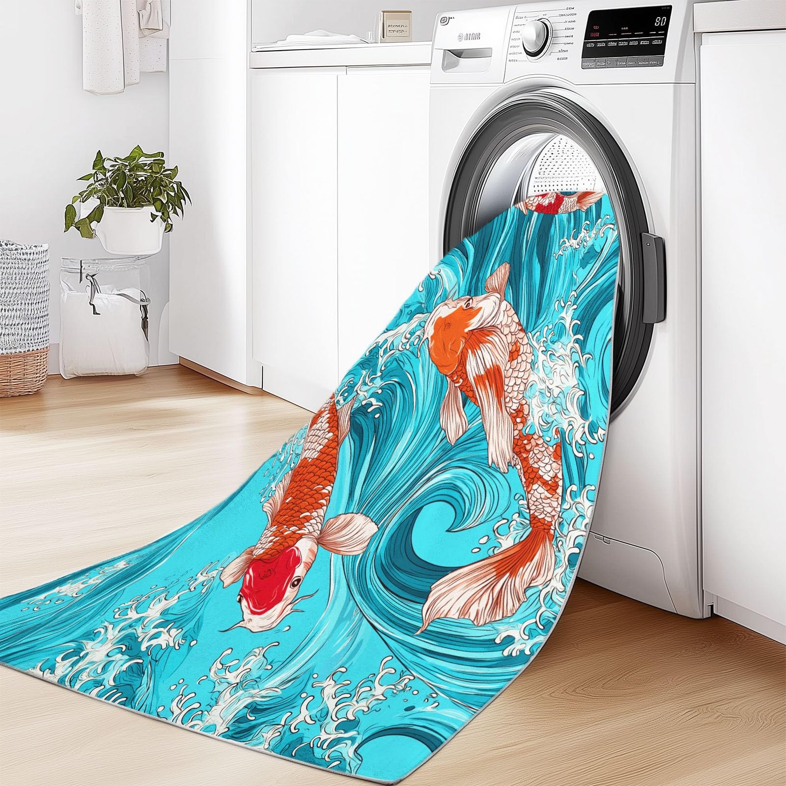 Generico Passatoia Ingresso Acqua Onde Animali Pesci, Tappeto Lungo Corridoio 80 x 120 cm - Tappeto Lavabile Stile Arte Giapponese Antiscivolo per Camera da Letto Cucina Ingresso