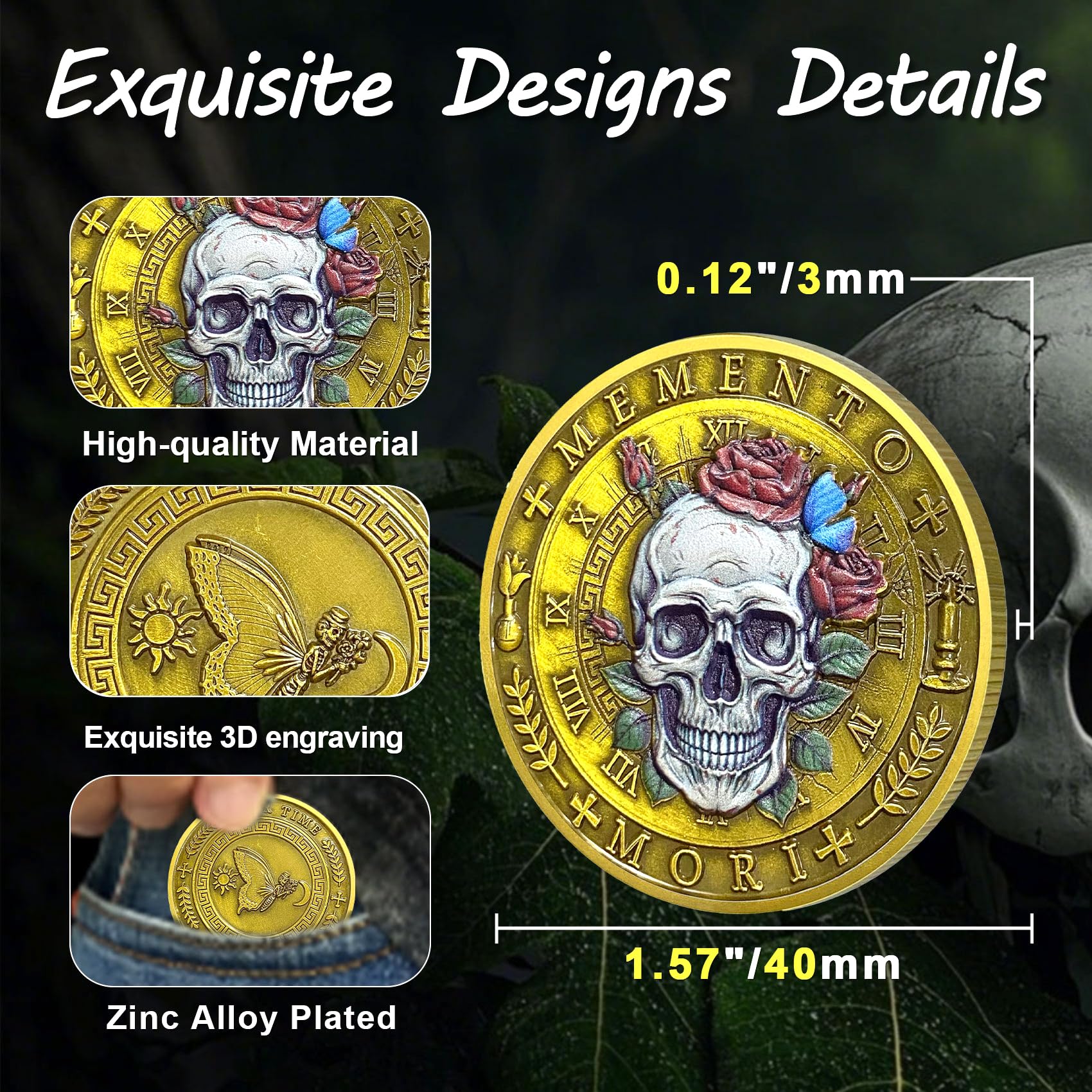 ACGZQY Memento Mori Coin - Roses Skull Memento Vivere Coin Stoic Reminder Sobriety Token DEC Cool Recovery Medallion Gifts - Image 4