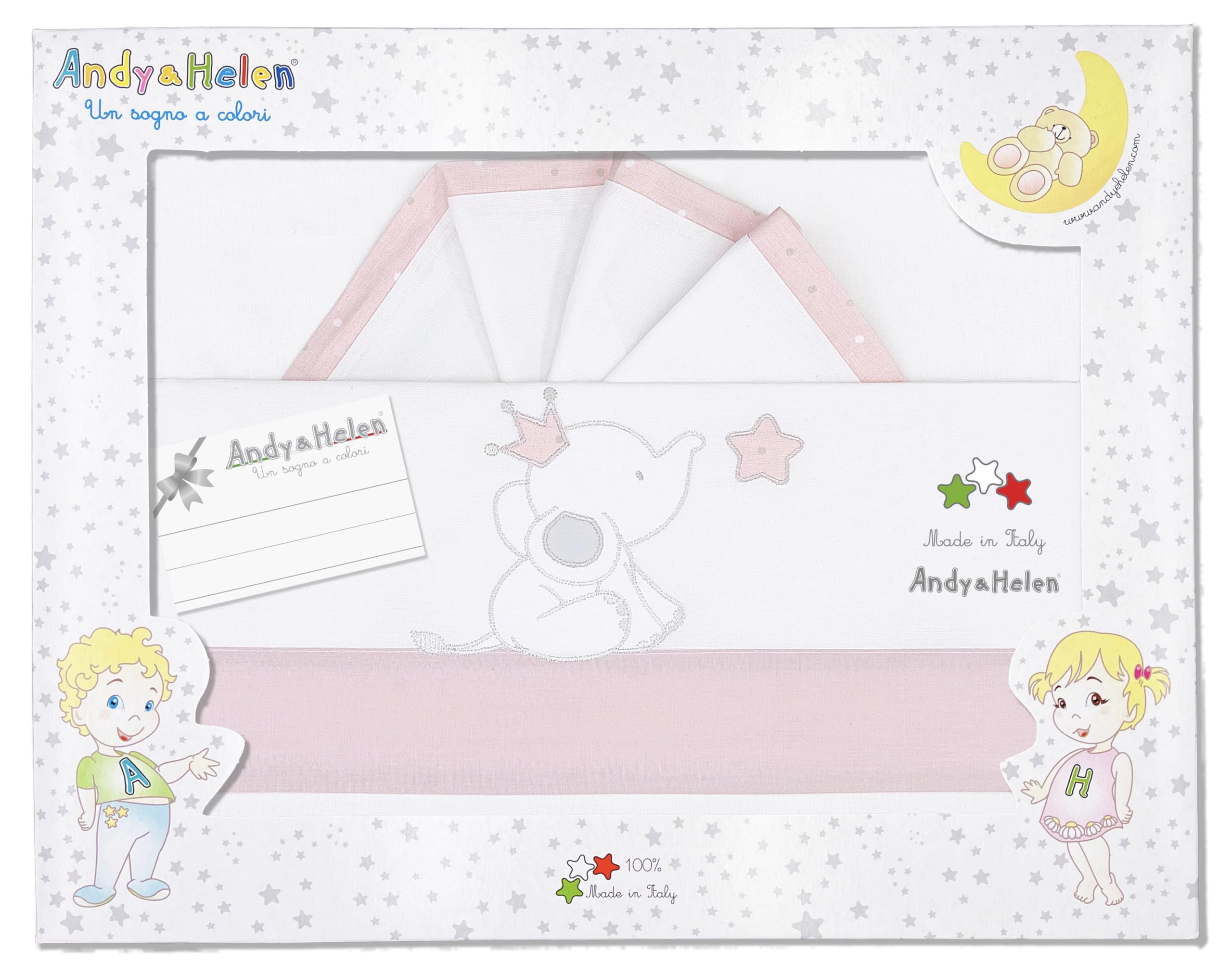 ANDY & HELEN® Completo lenzuolo culla/carrozzina ricamato + sotto con elastici e federa, Rosa