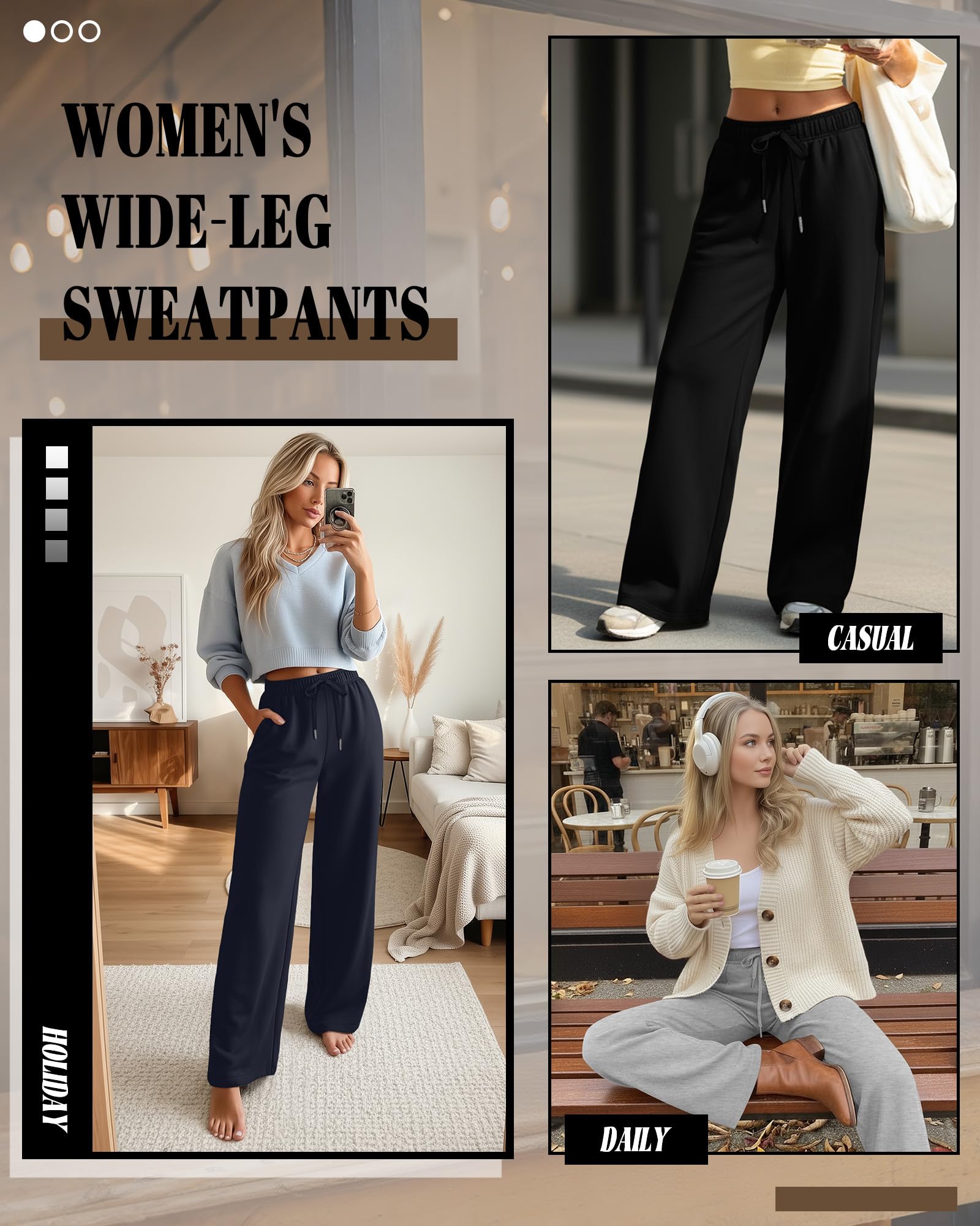Riyiper Confezione da 3 Pantaloni da Tuta a Gamba Larga da Donna con Coulisse Dritti Vita Elastica Jogging e Tasche