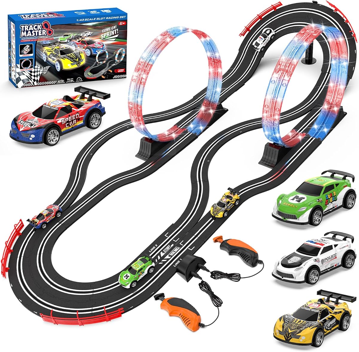 Juegos de pistas de carreras de autos con tragamonedas 2 en 1 con 4 autos de alta velocidad, pista eléctrica, juego de carreras dual con 2 controladores, diseño de paso elevado circular con pistas flash. Juguete de regalo para niños de 6 a 8 años de 8 a 12 años