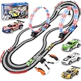 2-in-1 Slot Car Race Track Set with 4 High-Speed Cars, Electric Track, Dual Racing Game with 2 Controllers, Circular Overpass Design Featuring Flash Tracks. Toy Gift for Boys Kids Ages 4-6 6-8 8-12