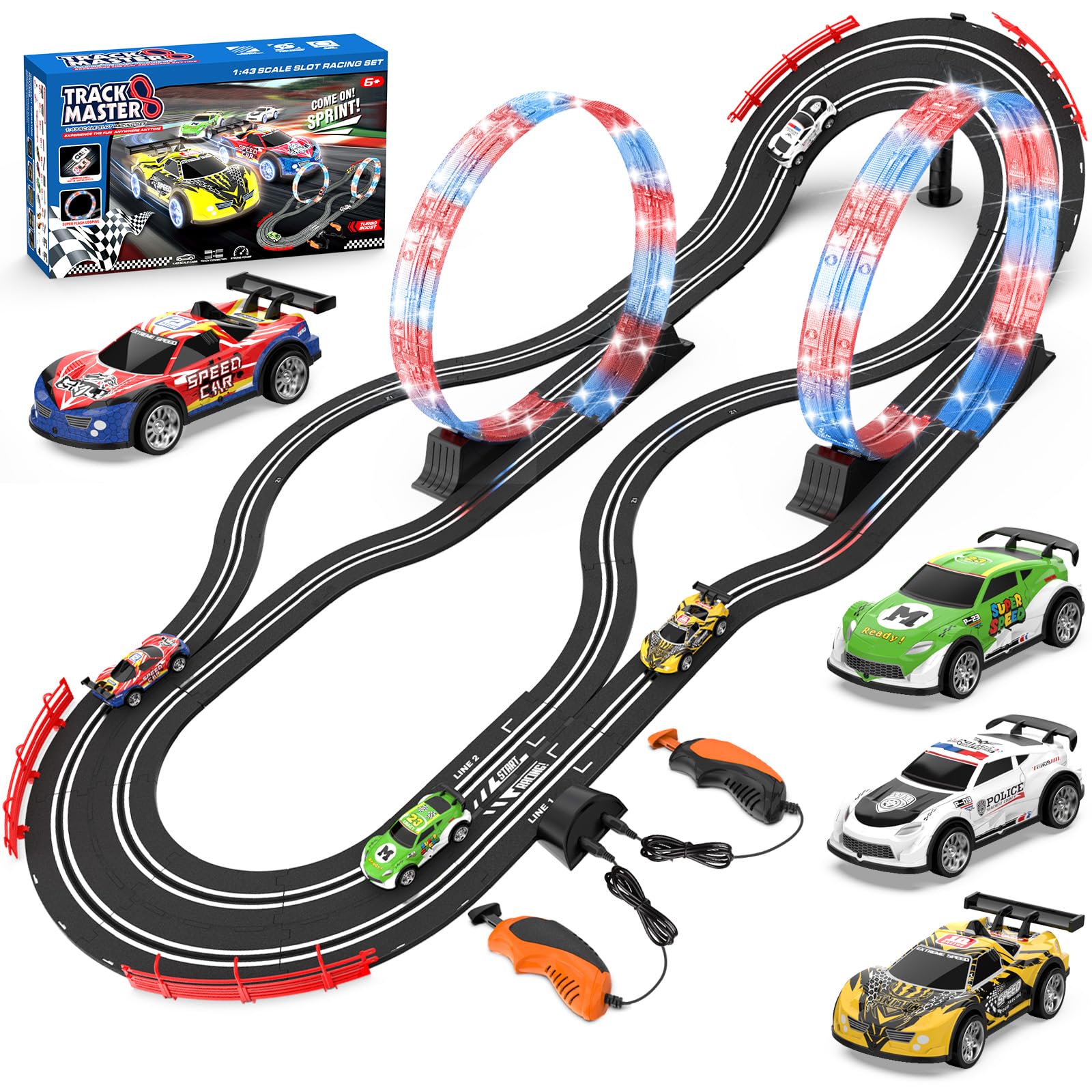 Photo 1 of 2-in-1 Slot Car Race Track Set with 4 High-Speed Cars, Electric Track, Dual Racing Game with 2 Controllers, Circular Overpass Design Featuring Flash Tracks. Toy Gift for Boys Kids Ages 4-6 6-8 8-12