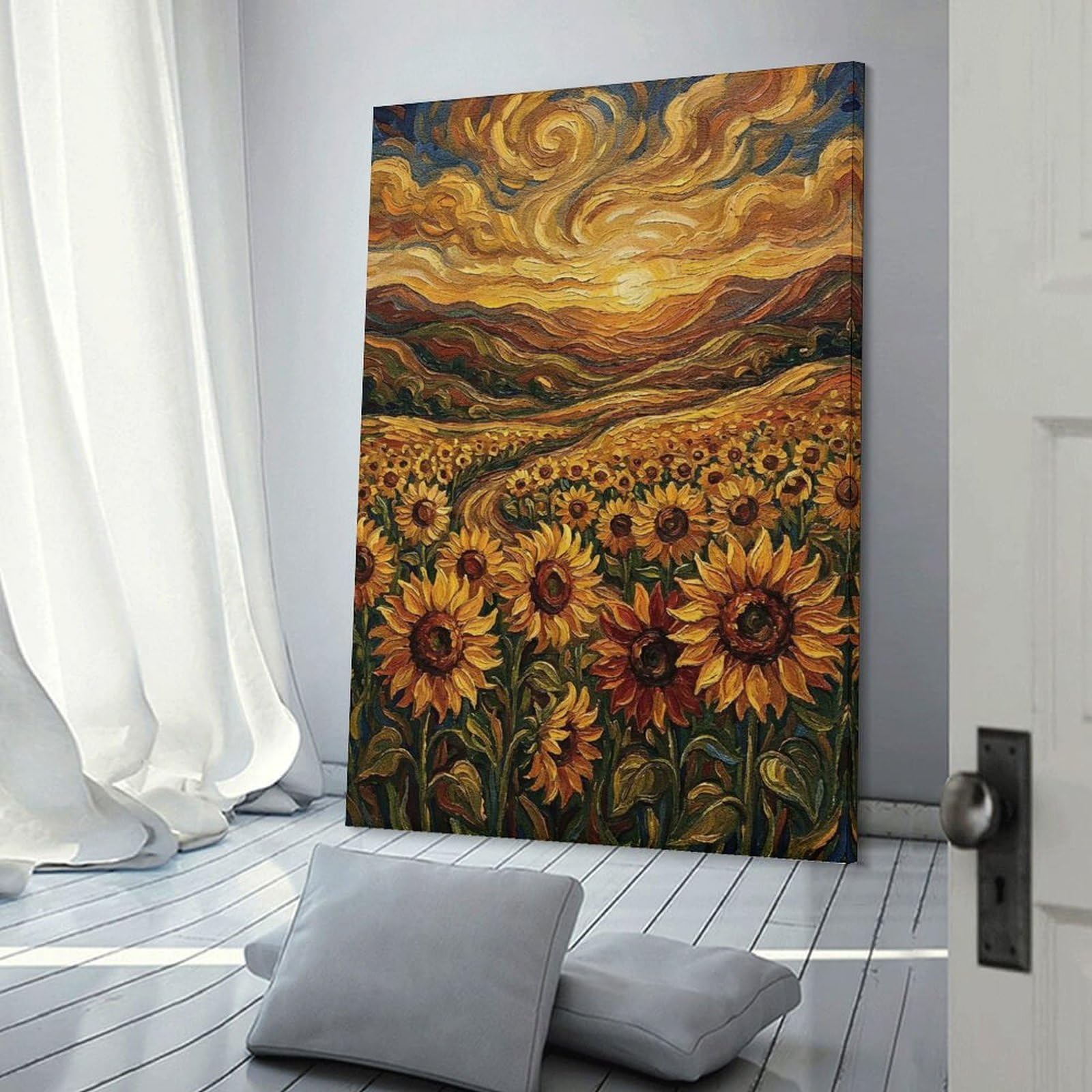 Junmoney Sunflower Field at Sunset Painting Wall Picture Print, 20x30inch(50x75cm), for Art Walls, Layered Displays Or Homes, Home Wall Art for Statement Displays