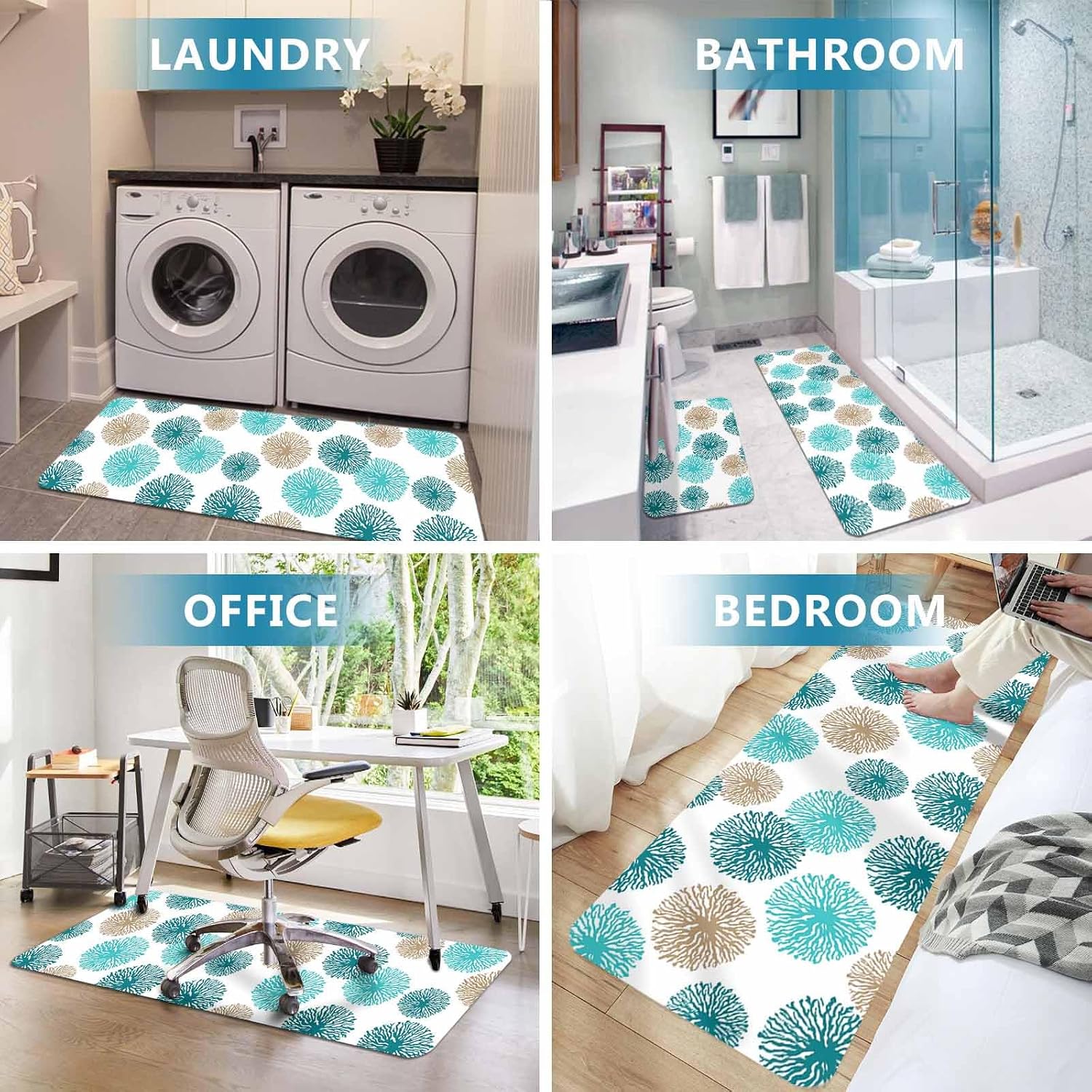 Prime Leader Blue Green Floral Kitchen Mat Set 2 Pieces Modern Blue Green Khaki Dandelion Flowers Non Slip Kitchen Rugs Washable Runner Rug Mats for Sink Laundry (23.6" x 35.4"+23.6" x 70.9")