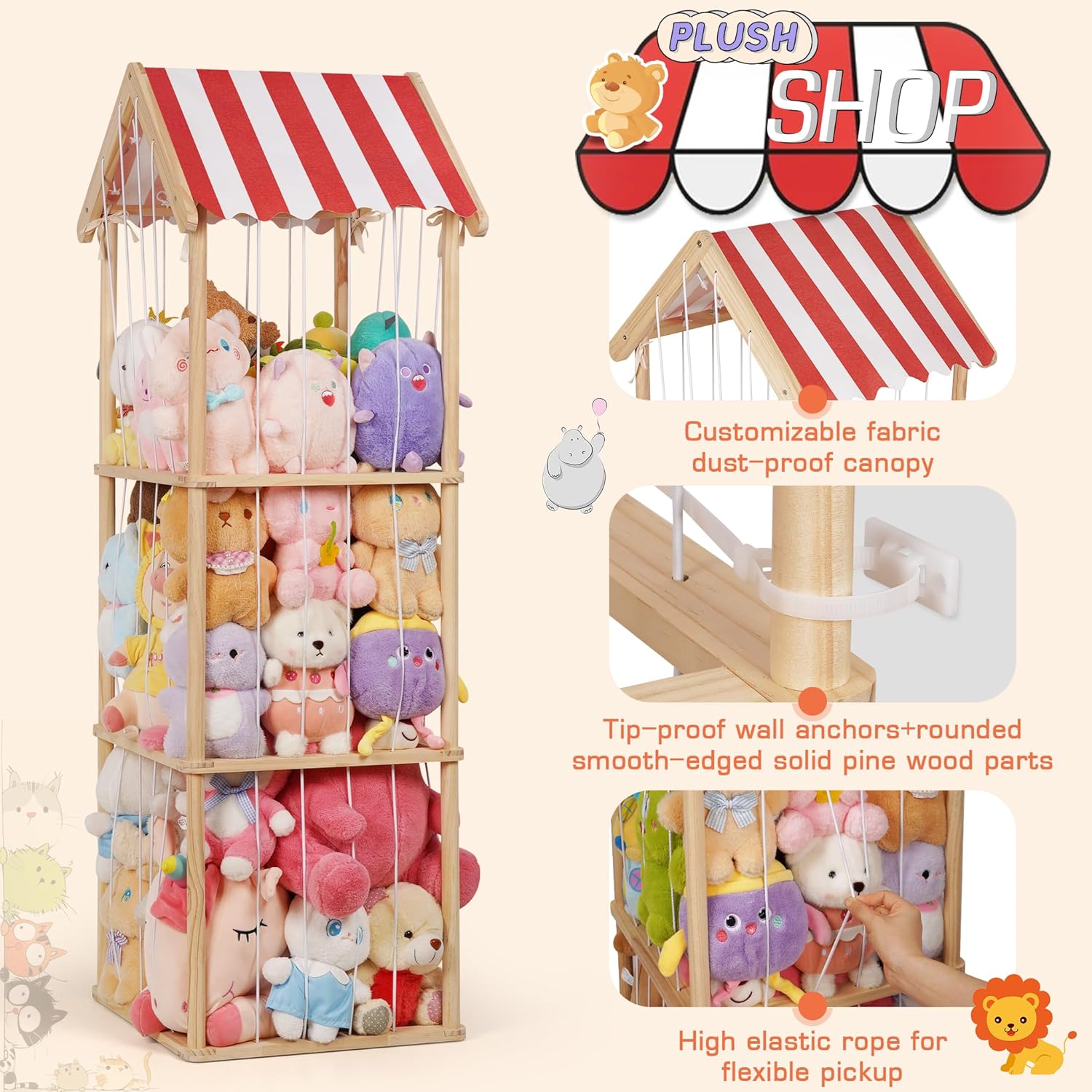 Stuffed Animal Storage, Space Saving Vertical Stuffed Animal Holder Wood, Easy Assembly Cottage-Style Plush Toys Organizer for Kids Bedroom & Playroom (Wood, Large)