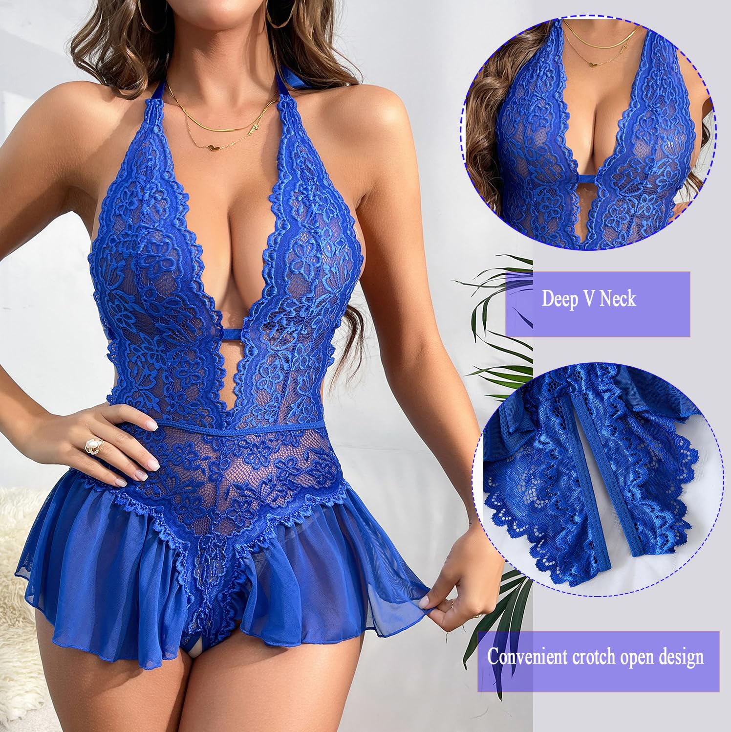 WBDWWTD Nuisette Sexy pour Femme en Dentelle Florale - Body Dos Nu en V Profond - Une pièce Dos Nu - Chemise de Nuit Creuse - Jupe en Maille - Patchwork - Chemise de Nuit pour Femme pour la