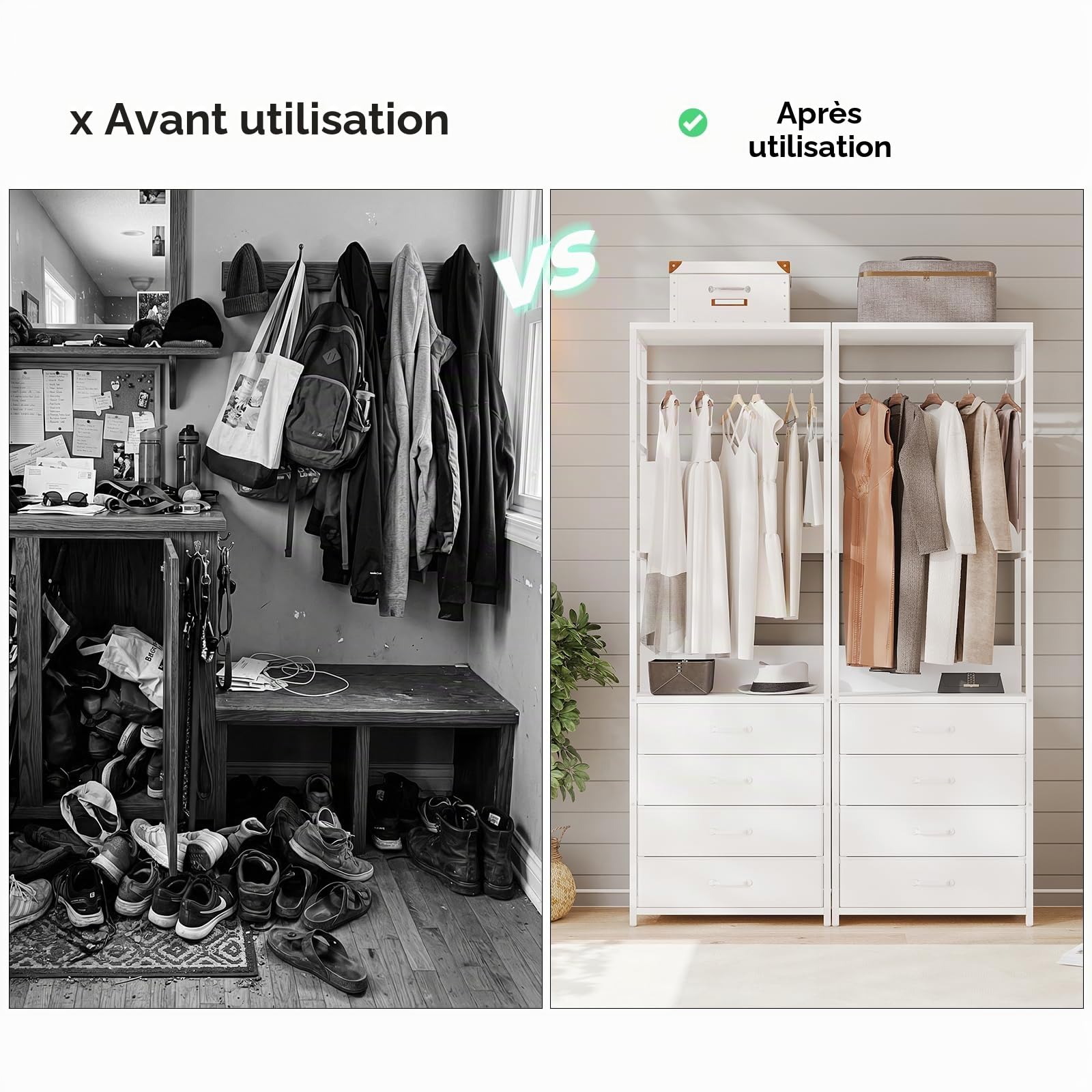 VOWNER Porte Manteau Meuble Entrée Vestiaire 4-en-1 Portant Vetement Blanc | Cadre en acier avec tiroirs, tringle et étagère, 60 x 40 x 180 cm pour couloir, chambre