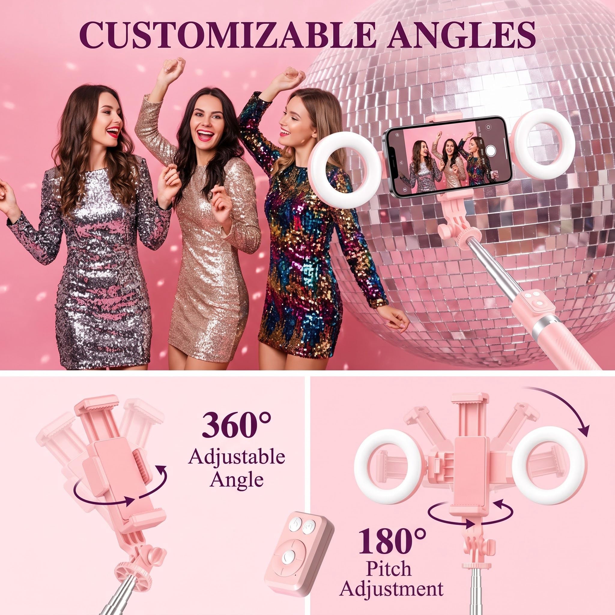 1.7m Bastone Selfie Treppiede con Luce, Cavalletto Telefono per Registrazione Video Compatibile con iPhone e Android Smartphone, Tripod Selfie Stick per TikTok YouTube Rosa
