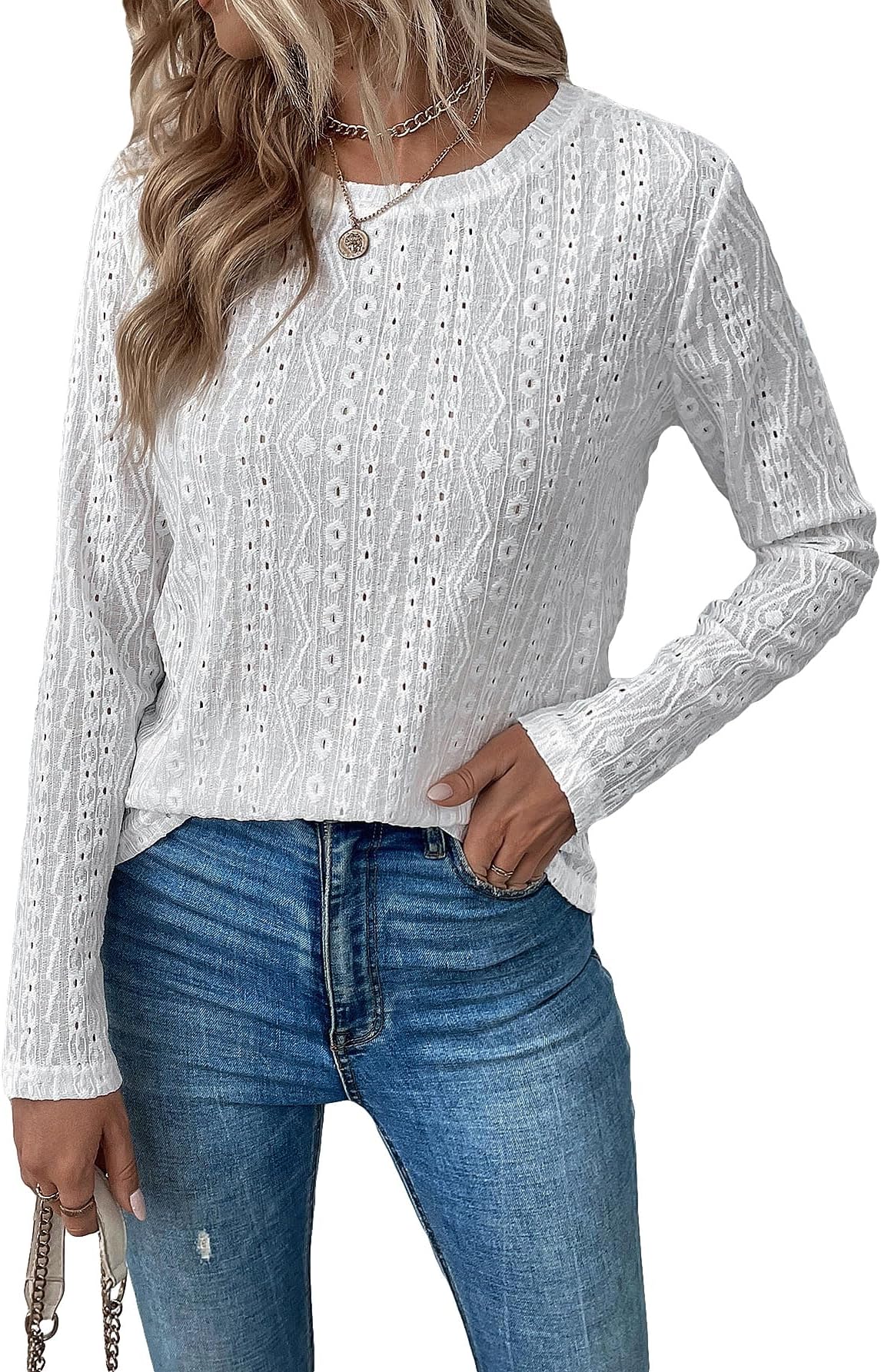GORGLITTERWomen's Eyelet Embroidery Long Sleeve Crew Neck Casual Tee Shirt Top