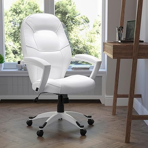 Miniatura 2 de Flash Furniture Quincey Mid-Back White LeatherSoft Tapered Back Executive Swivel Office Chair with White Base and Arms