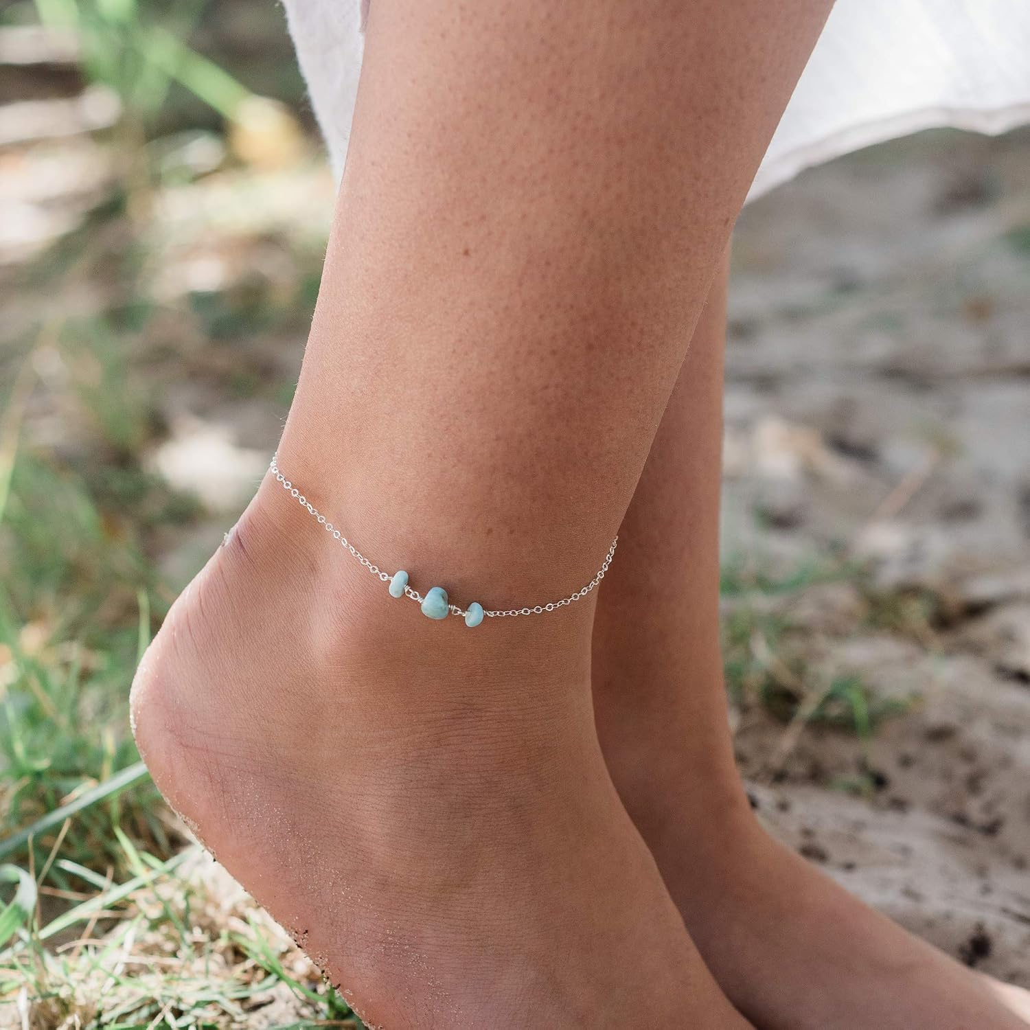 Larimar Beaded Chain Anklet in Sterling Silver