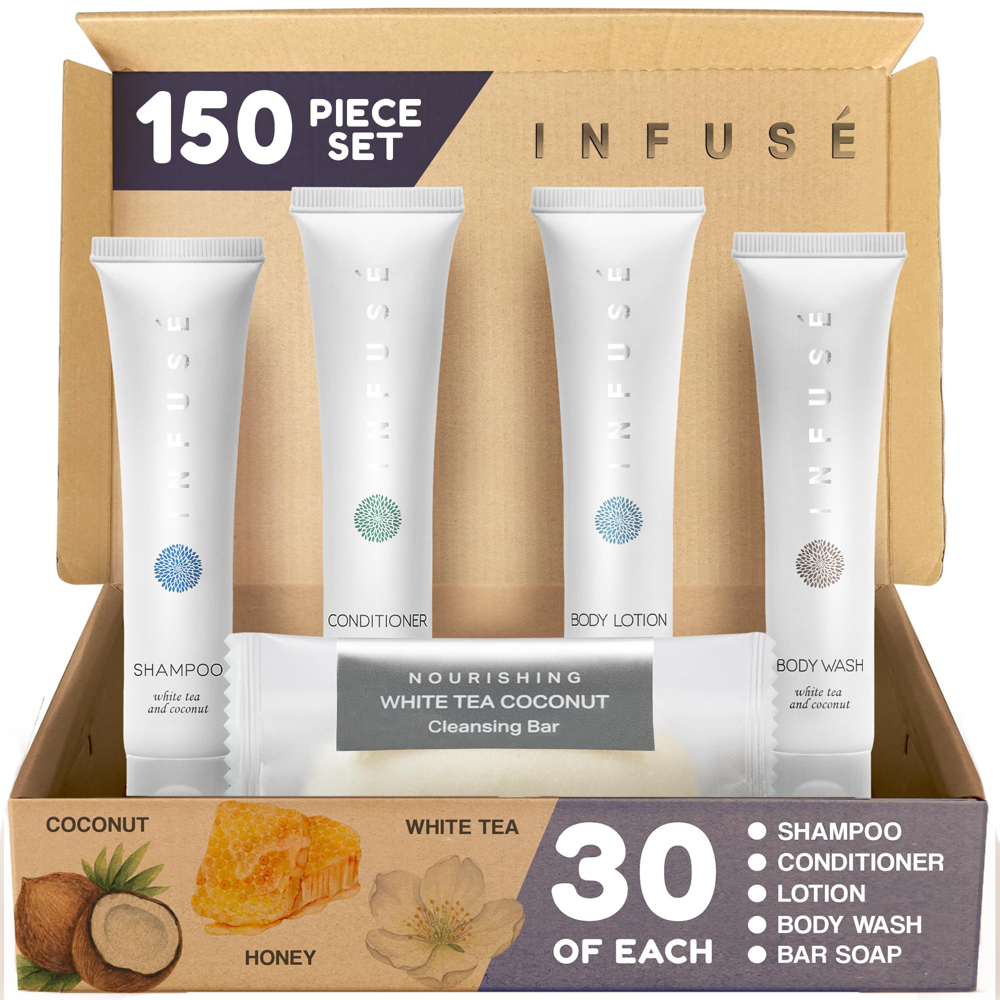 Infuse Pure White Tea and Coconut Hotel Soaps and Toiletries Bulk Set | 1-Shoppe All-In-Kit for Airbnb | 1oz Shampoo & Conditioner, Body Wash, Lotion & 1.25oz Bar Soap | Travel Size 150 Pieces