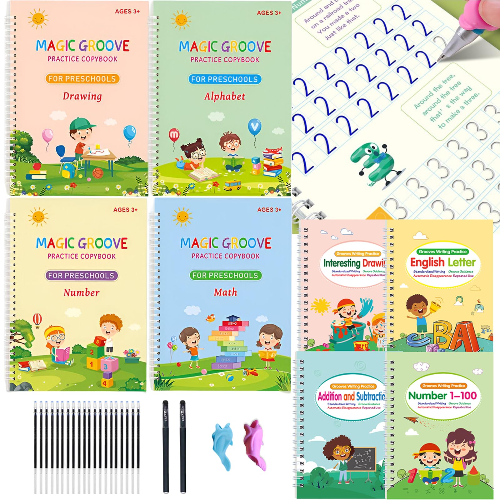 Grooved Handwriting Practice, Magic Grooved Handwriting Practice with 8 Workbooks, Reusable Preschool Workbooks Age 3-8, ​Calligraphy Practice Book