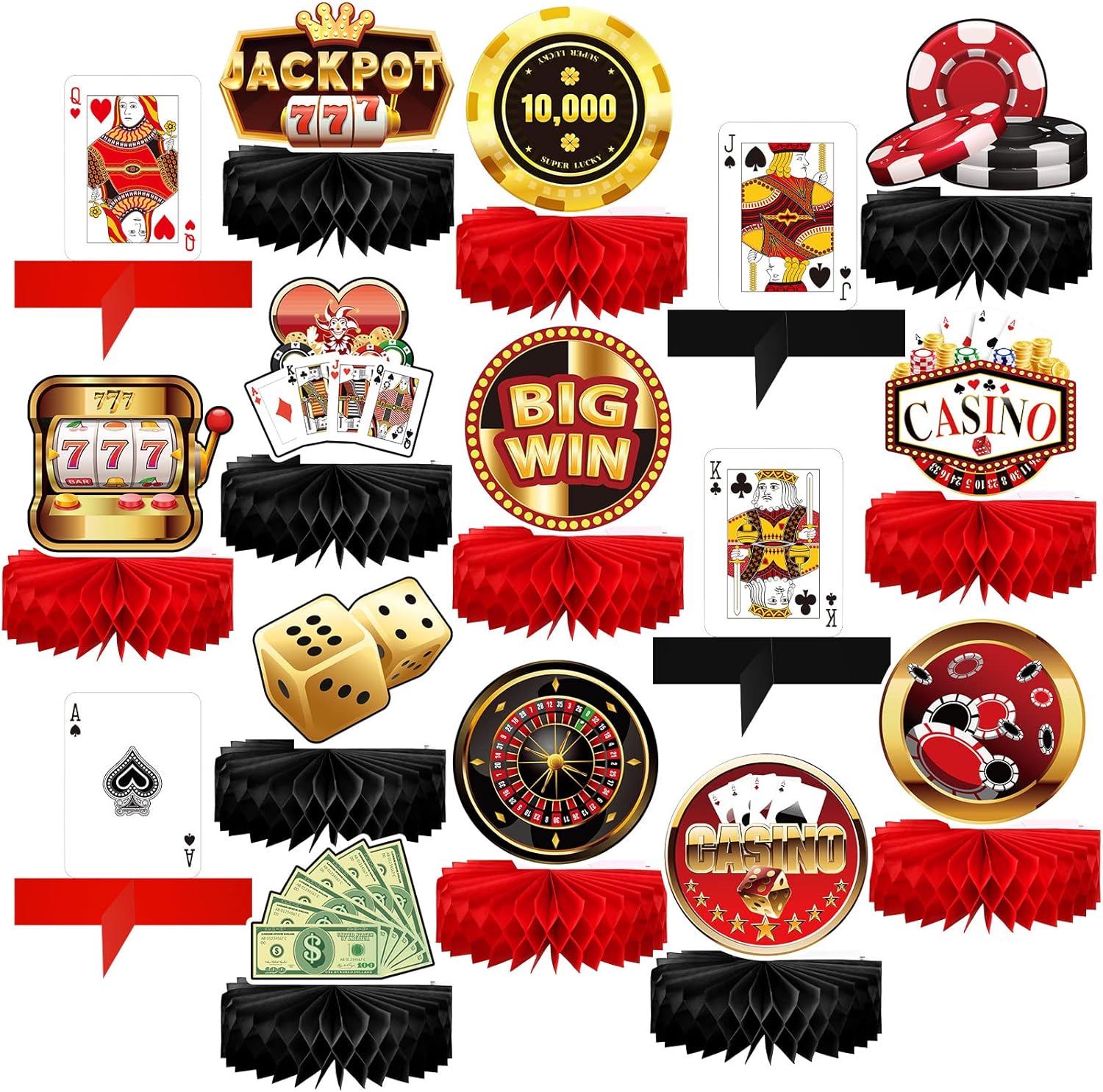 Amazon 12個 ラスベガスパーティーデコレーション ポーカー ハニカムセンターピース カジノ装飾 3D ハニカムテーブルトッパー