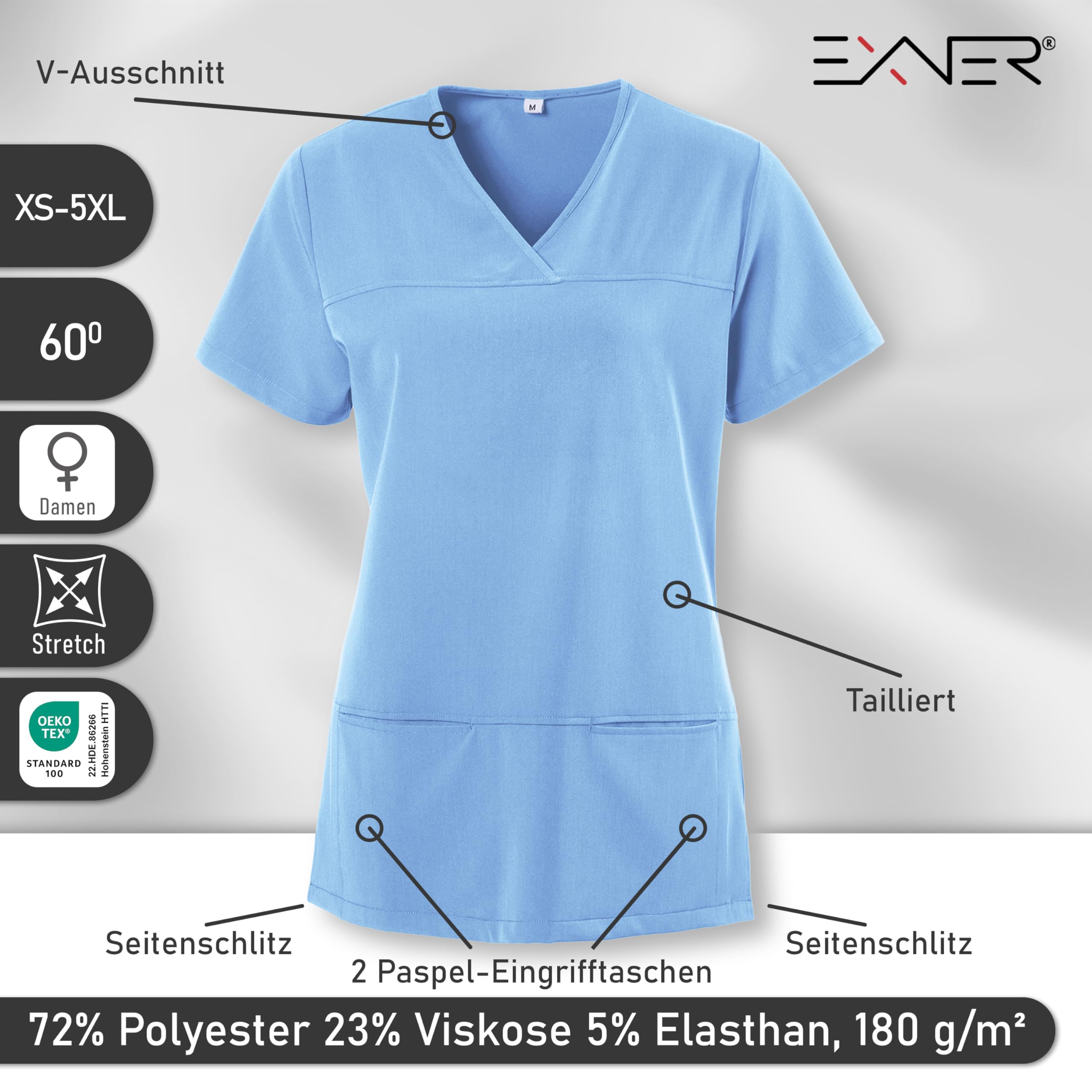 EXNER Medizin Kasack Set – Kasack & Hose für Damen und Herren, Pflegebekleidung Set in 8 Farbkombinationen, Oberteil farbig, Hose weiss, Schlupfkasack & Schlupfhose, XS–5XL