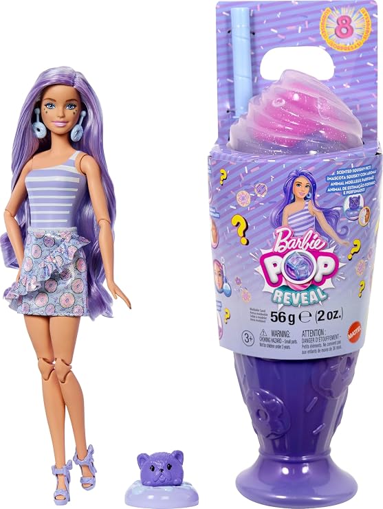 Barbie Pop Reveal Series doll and accessory set, Snack Series, Donut Enthusiastic Dreamer Girl and her pet, 8 surprises including color change, JFY60