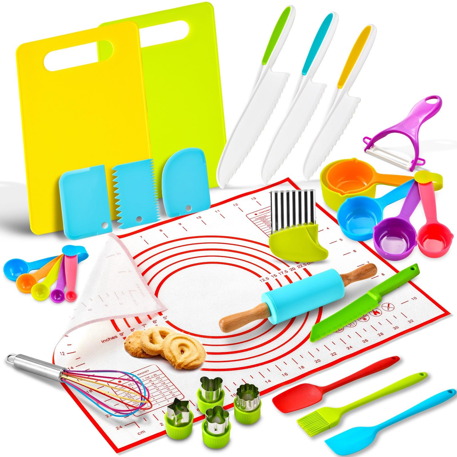 Kids Baking Set 31PCS, Cooking Set for Kids, Kids Baking Kit with Kids Knife, Real Cooking Utensils,Baking Mat,Cutting Board,Cookie Cutter, Measuring Spoon & Cups,Rolling Pin, Mixing Spoon