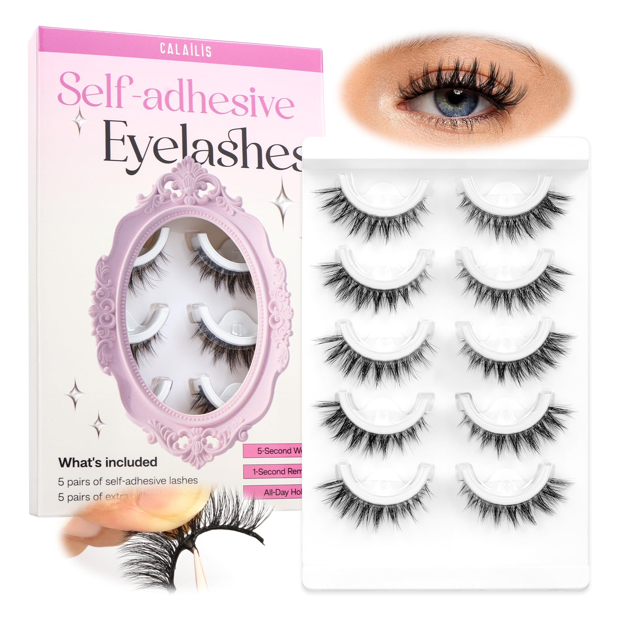 CALAILIS Selbstklebende Wimpern 5 Paare Natürlicher Look Press-on Künstliche Wimpern ohne Kleber Wiederverwendbar Cat Eye Wispy Pre Glued Fake Lashes mit Ersatzklebstreifen (C105)