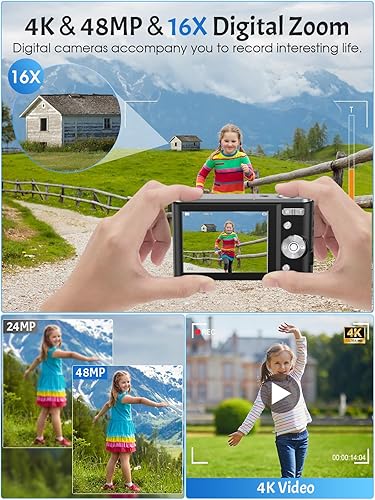 Miniatura 2 de Cámara digital, cámara 4K para niños, para fotografía, enfoque automático Nsoela de 48 MP, pantalla LCD de 2.8 pulgadas, zoom digital 16X, cámara