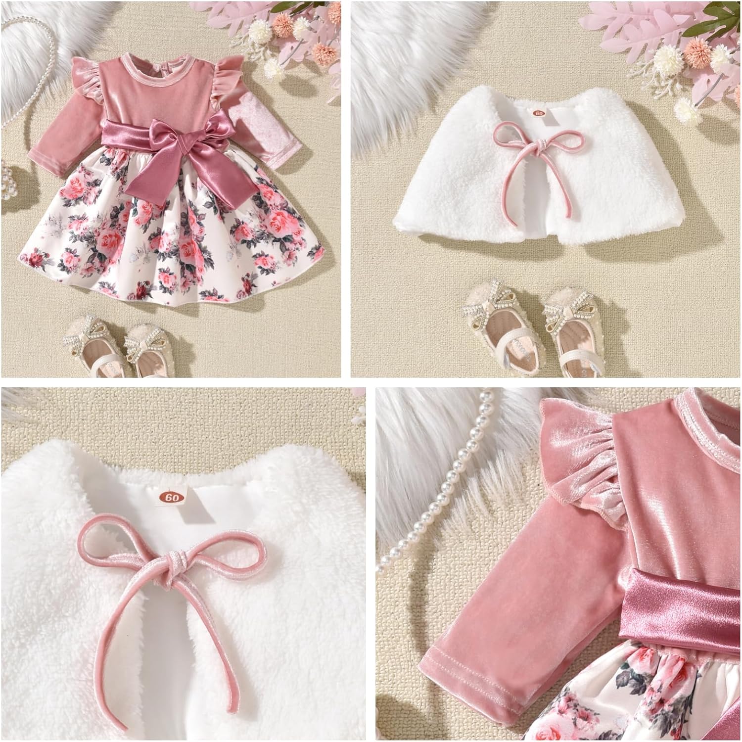 fioukiay Baby Girls Dress and Velvet Cardigan Sets Infant Girls Casual Floral Print Fall Dresses Winter with Headband - Image 5