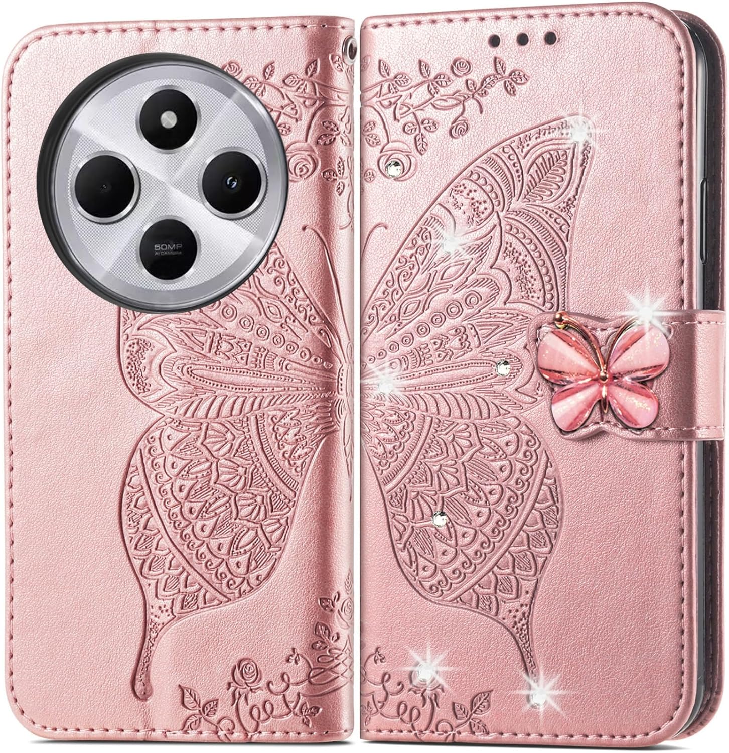 CCSmall Wallet Case for Xiaomi Redmi 14C 4G Case for Women Girls, Embossed Floral Butterfly PU Leather Flip Case Cover with Card Slot Holder for Xiaomi Redmi 14C 4G Rhinestone Rose Gold - Image 8