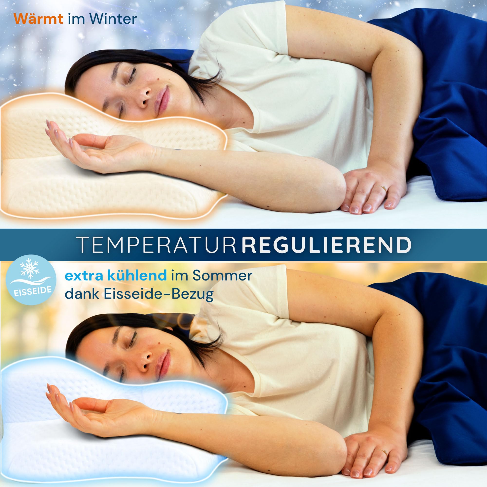 Almohada ortopédica Night Owl – Almohada cervical ergonómica con doble altura de espuma viscoelástica – para dormir boca arriba, de lado y boca abajo – Funda lavable de seda de hielo