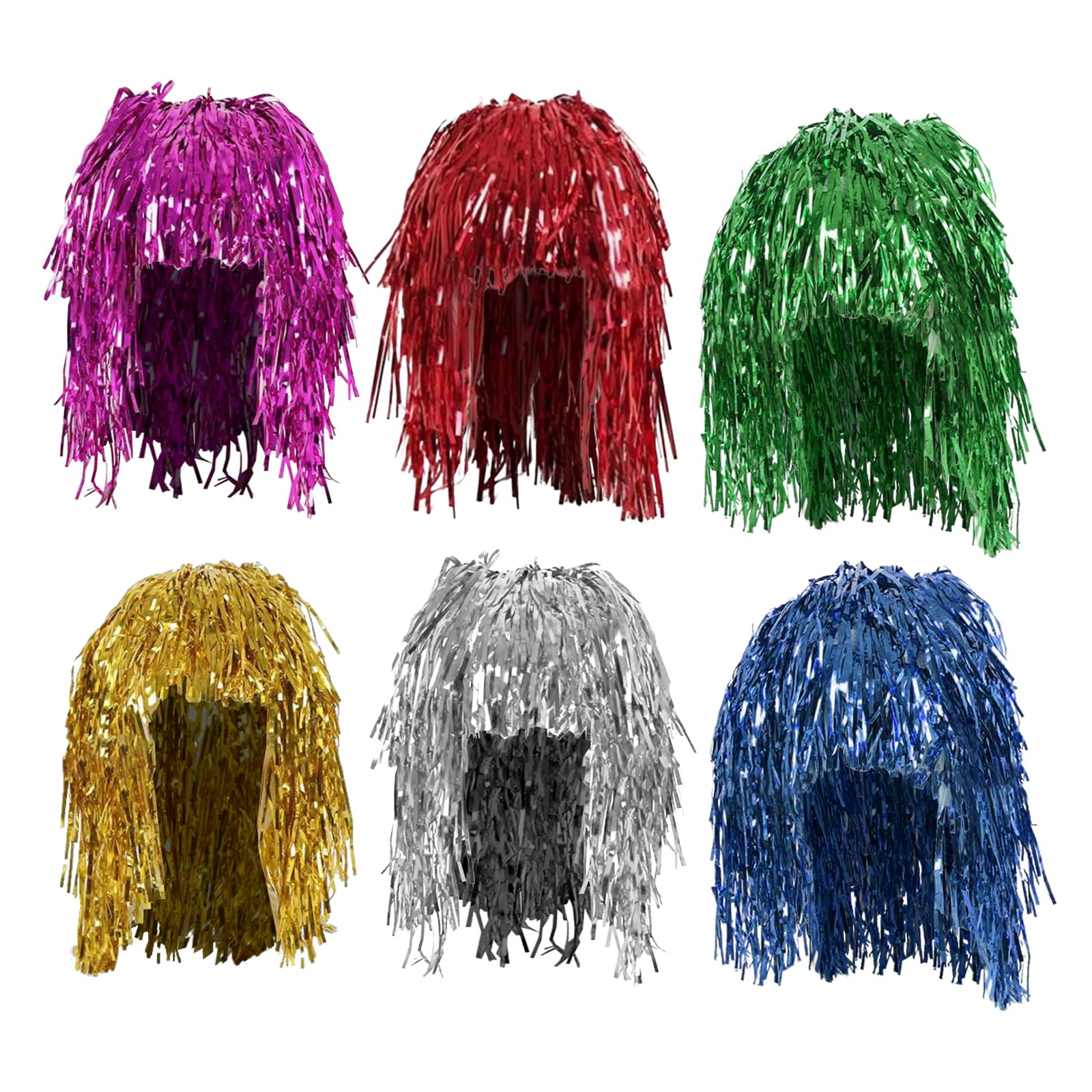 Parrucca in lamina metallica, 6 pezzi, colore rosso, argento, oro, verde, rosa, blu – 38 cm x 14 cm x 2 cm – unisex – ricci – lucido – TIG – per feste a tema, costumi, carnevale, feste
