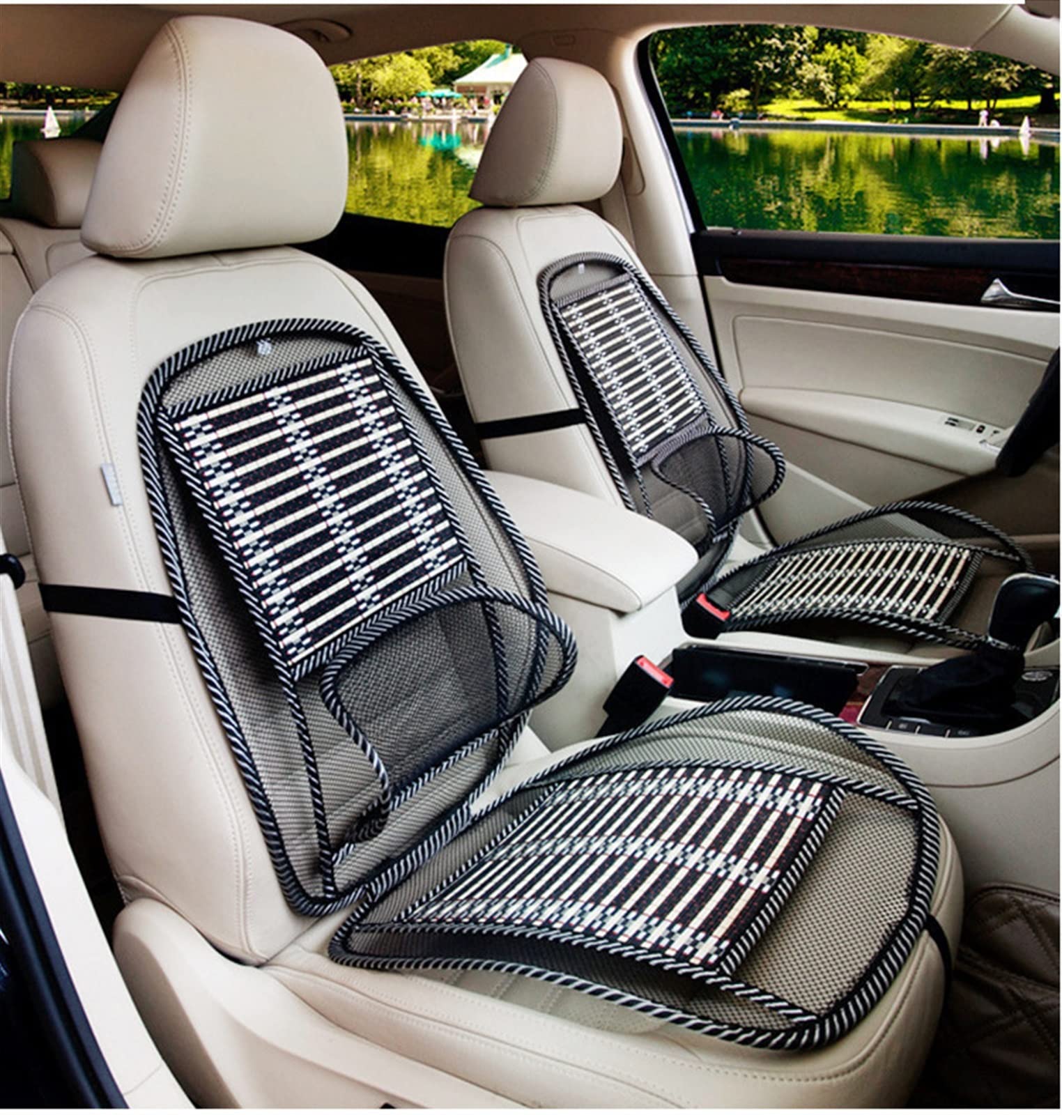 Almohadilla ergonómica de bambú for asiento de automóvil, asiento de automóvil transpirable universal Silla de oficina Cojín de cubierta de viruta de bambú con respaldo lumbar de malla fresca, almohad