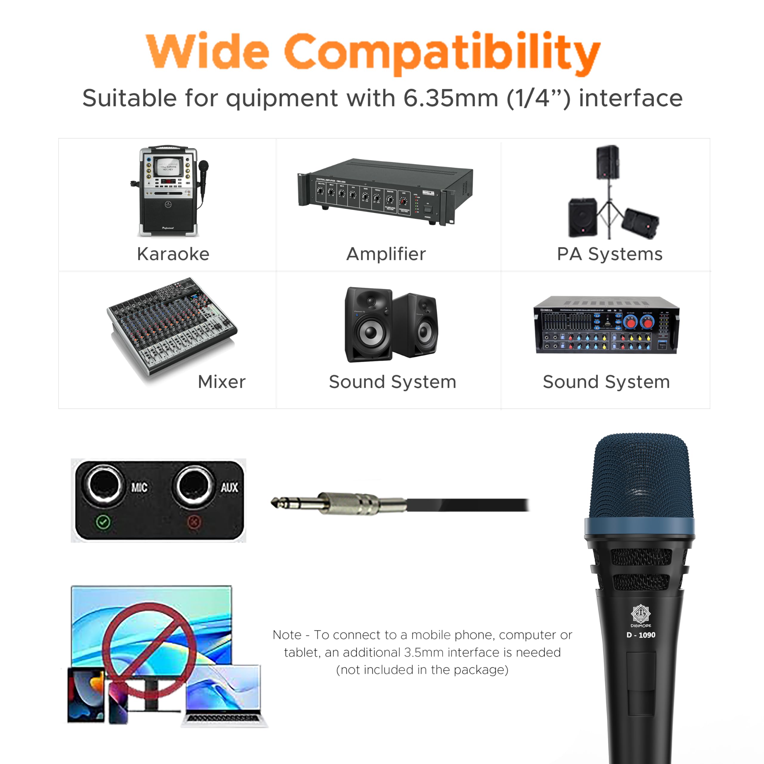 DIGIMORE Micrófono con cable para cantar, micrófono XLR de 3 pines, micrófono dinámico con soporte para micrófono, patrón polar cardioide para karaoke, habla, escenario, boda, longitud del cable de 20