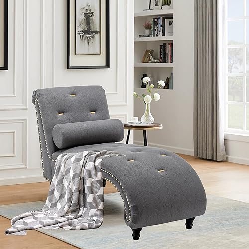 Miniatura 7 de Alunaune Sillón tapizado para interior reclinable de ocio, sofá sin brazos con almohada de madera para dormitorio, sala de estar, tela marfil
