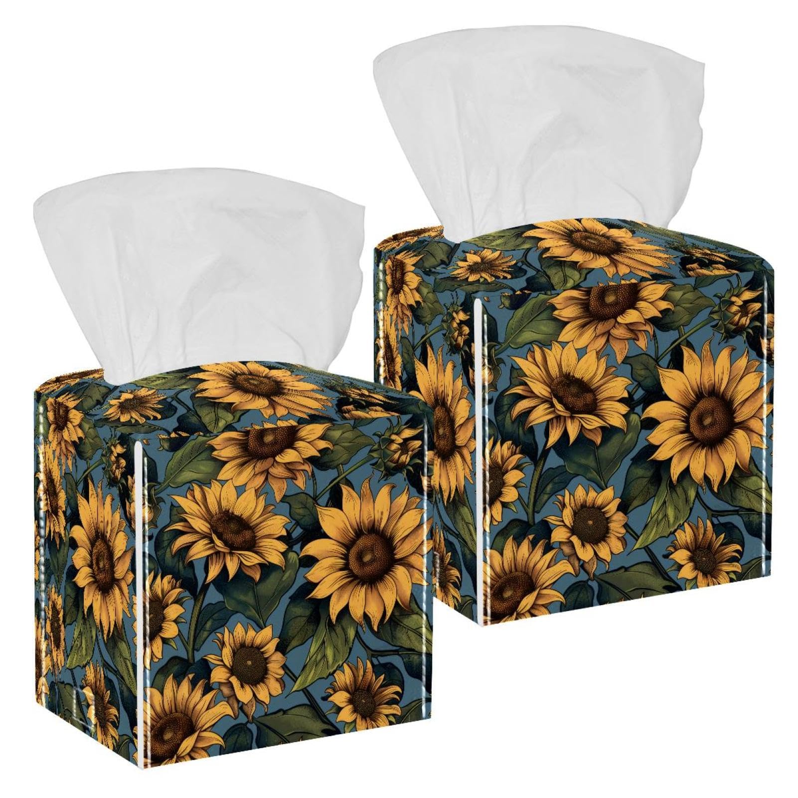 Sunflowers Tissue Box Cover, 2 Pack PU Leather Square Facial Tissue Dispenser Box holder for Home Office Car