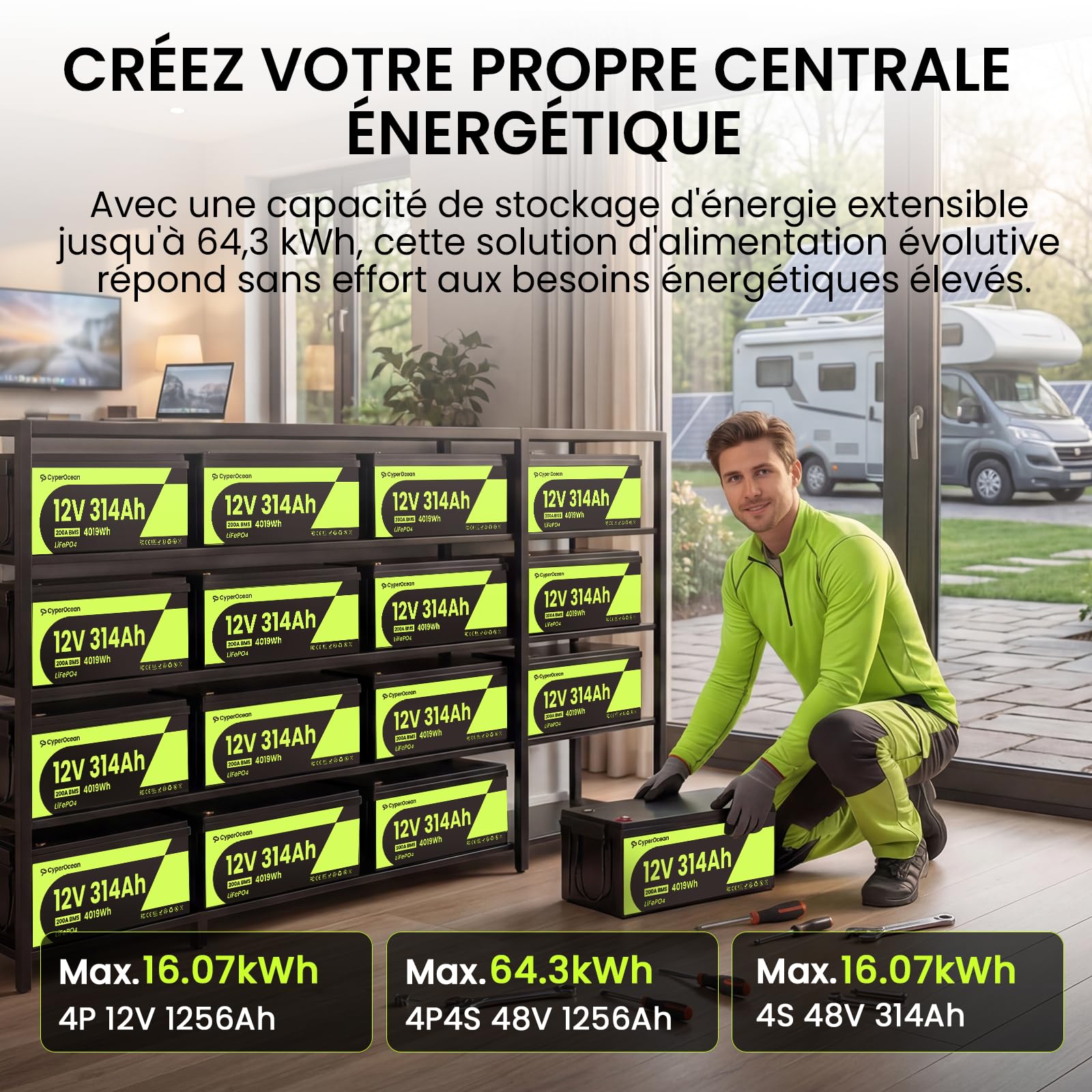 Batterie LiFePO4 12V 314Ah, Batterie Lithium avec 200A BMS Protection, 4019Wh Batterie Lifepo4 Plus de 15000 Cycles,pour Camping-Car, Solaire, Off-Grid, Alimentation de Secours