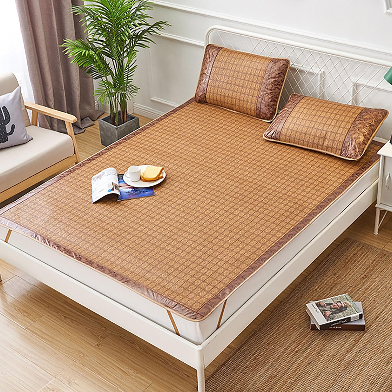 Summer Bamboo Sleeping mat, Foldable Double Sided Bamboo mat for bed, Home Quick Cooling Textile Rattan Mat Grid Fitted Sheet Set Summer Bed Cover, Various Specifications(Color G,180 * 200cm)