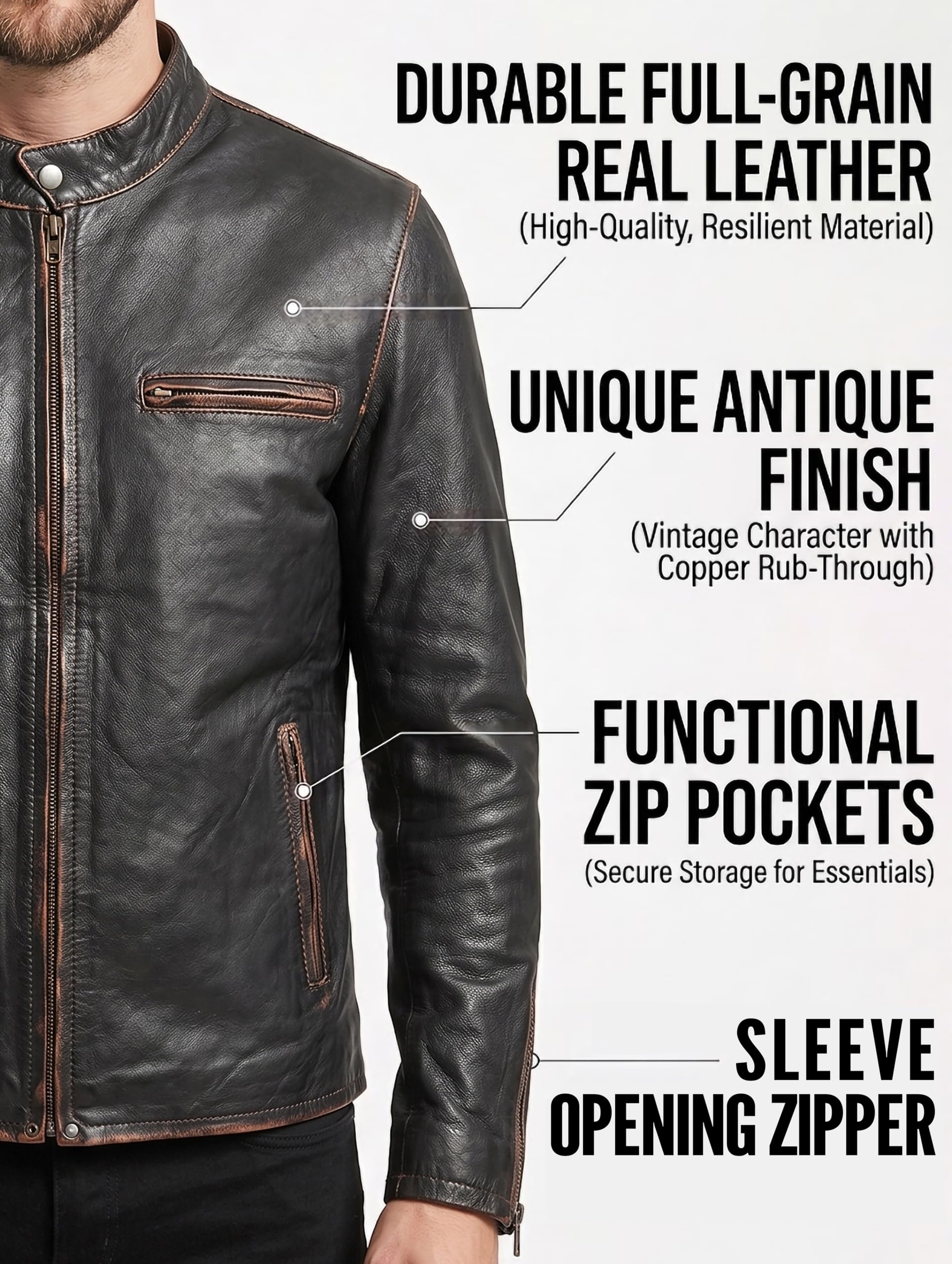 Chaqueta de piel auténtica negra envejecida para hombre