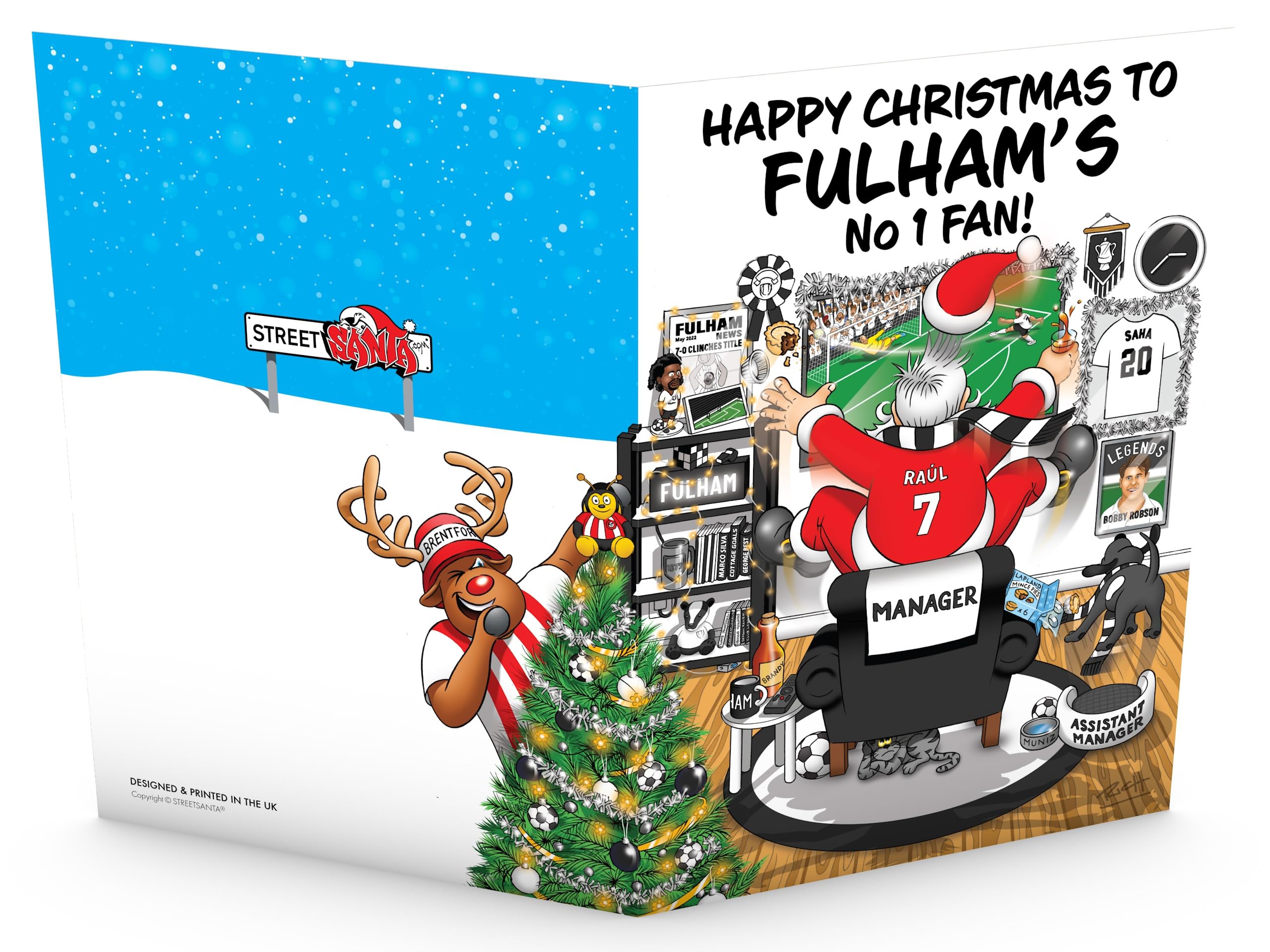 Football Christmas Card for Fulham Fans Pack of 6 Cards Santa Jumping Out of Chair to Support Team Funny Rear of Card Showing Rudolph Supporting Rival Club Large A5 Made in UK - Image 3