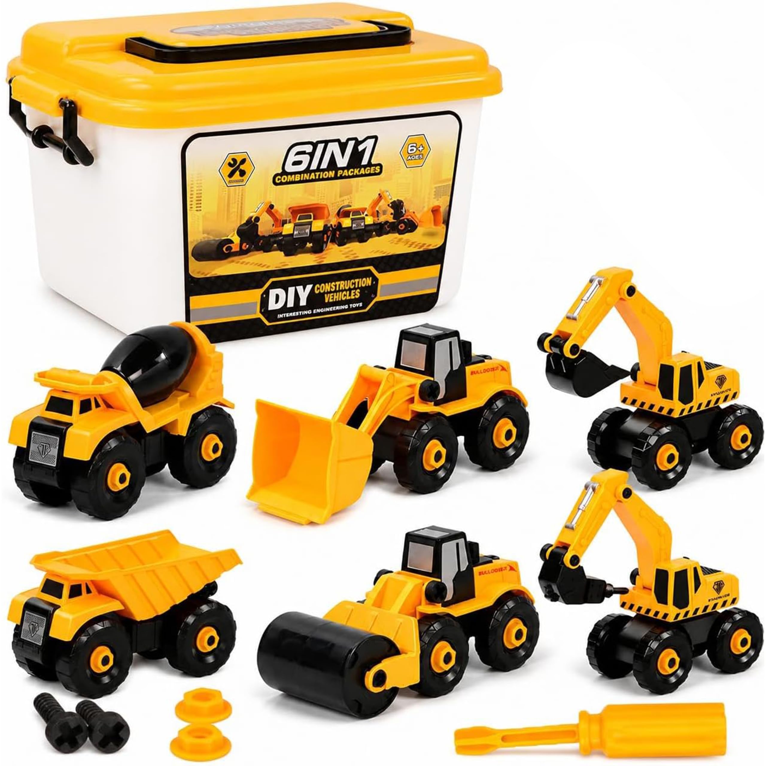TOY LAB 6 in 1 Take-Apart Construction Vehicles include Toy Drill & Box, Digger Excavators Truck Building STEM Learning Gift, Drill Toy Set for Boys Girls 3 4 5 Years Old