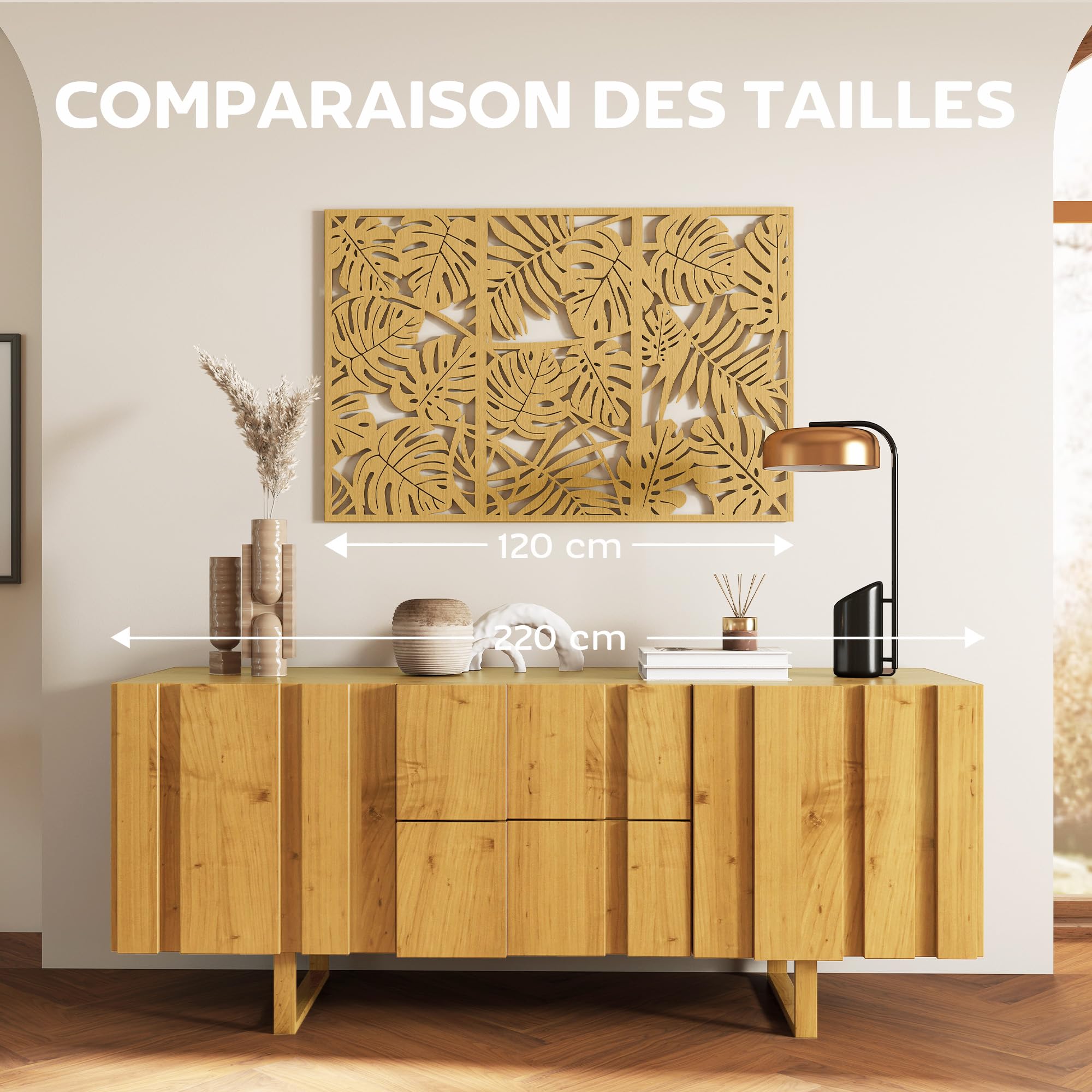 HOMCOM Set di 3 decorazioni da parete in legno 3D, 40 x 80 cm, legno naturale | Foglie tropicali, decorazione da parete moderna da appendere, per soggiorno, camera da letto, corridoio o ufficio