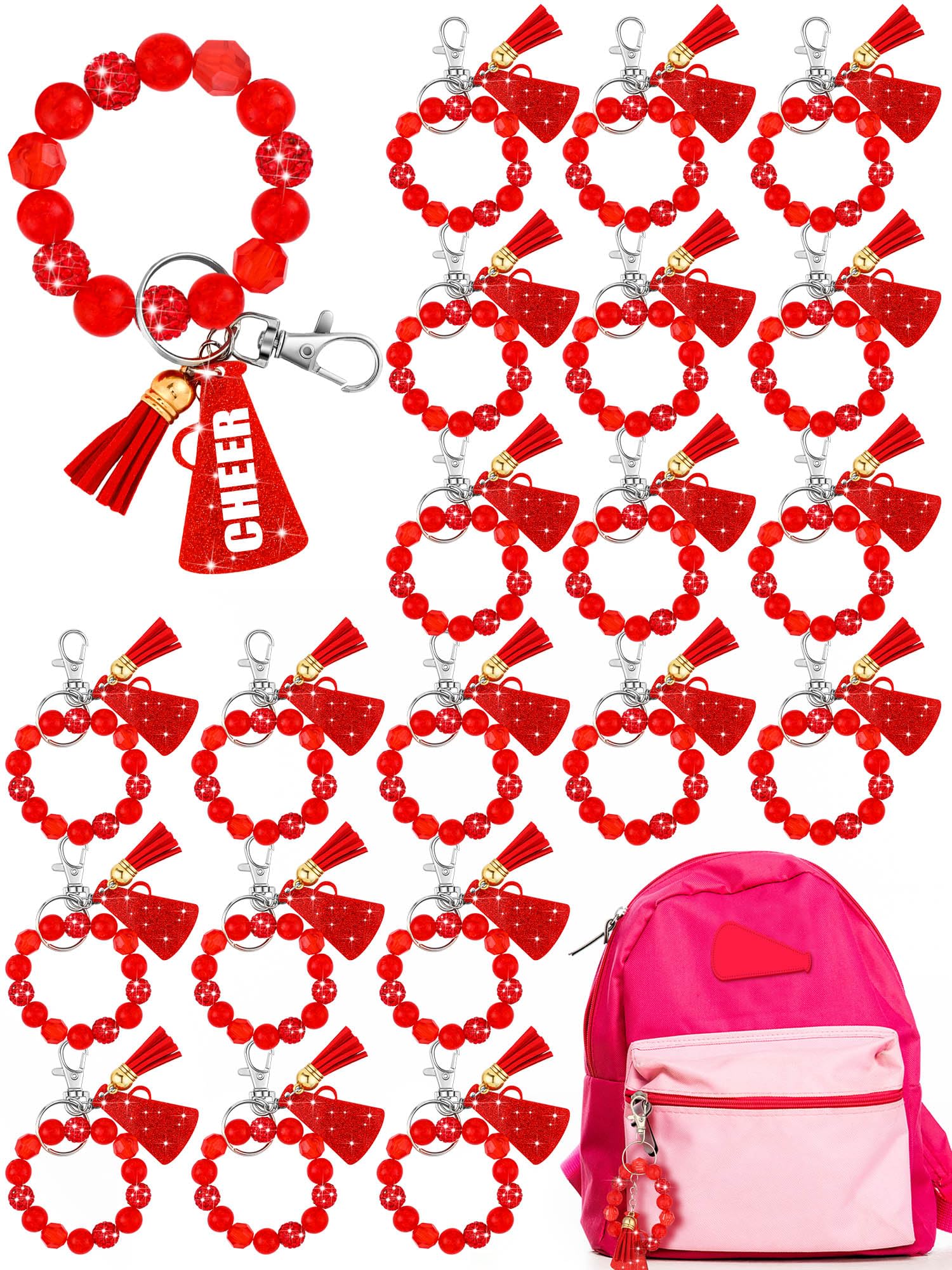 Henoyso 20 Pcs Cheer Party Favor Beaded Keychain Wristlet Bracelet Bulk Cheerleader Keyrings Gift for Team Women Party