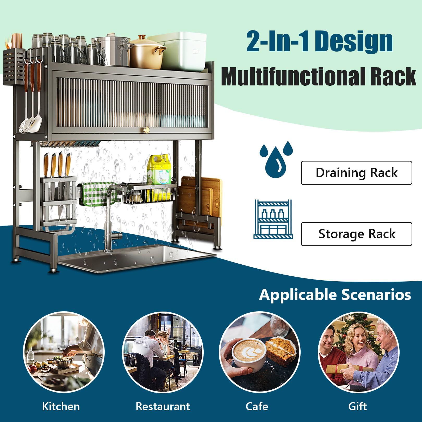 Escurridor de platos de cocina, 3 niveles de acero al carbono para fregadero con soporte para utensilios para encimera de cocina, puerta visible, diseño que ahorra espacio, fácil montaje