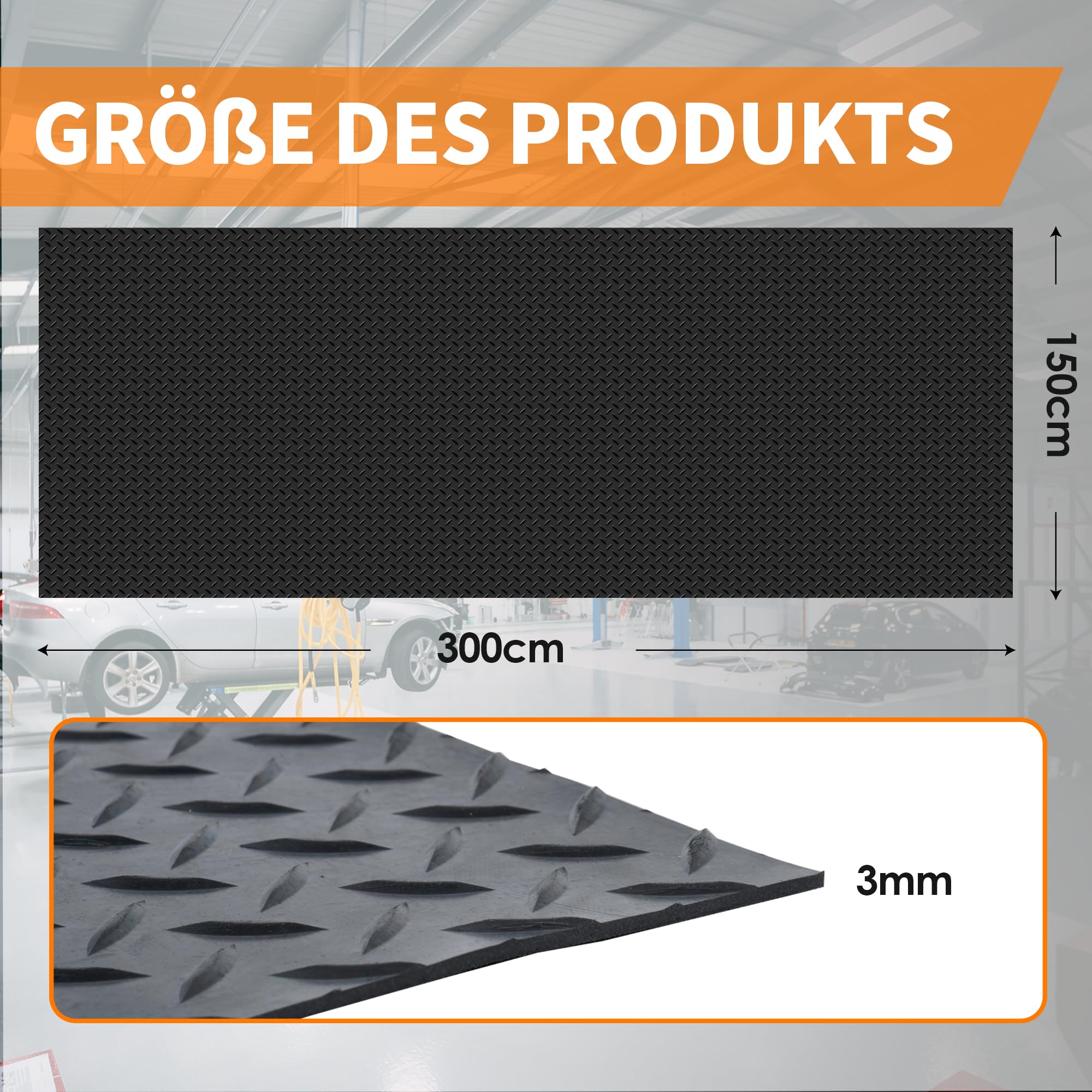 bimiti 300 x 150 cm Gummimatte Meterware Schutzmatte, garagenboden matten, Noppenmatte Bodenmatte aus Gummi, rutschfest Gummimatte Bodenmatte mit Noppen Gummiläufer für Keller, Werkstatt, Garage