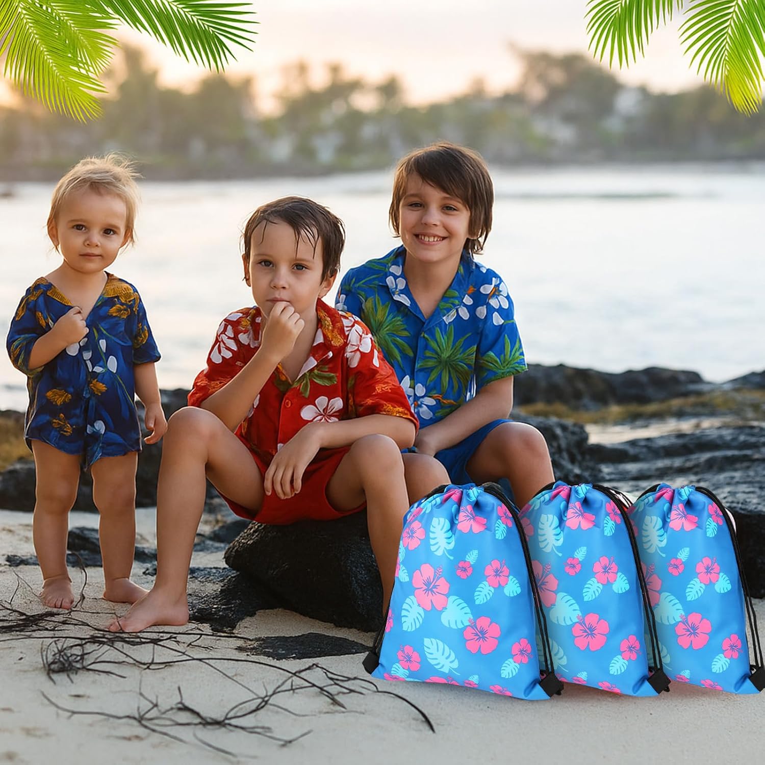 Sunnymove 12 Hawaiian Drawstring Bags Luau Hibiscus Palm Leaves Gift Bags Hawaii Treat Goodie Gift Backpack Party Favors for Birthday Summer Holiday Event Snack Supplies (Fresh) - Image 6