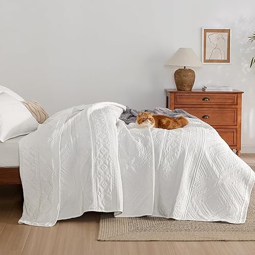 Miniatura 5 de Bedsure Colcha bohemia tamaño Queen beige, patrón geométrico moderno con costuras geométricas, colchas y colchas ultrasuaves y ligeras, juegos de