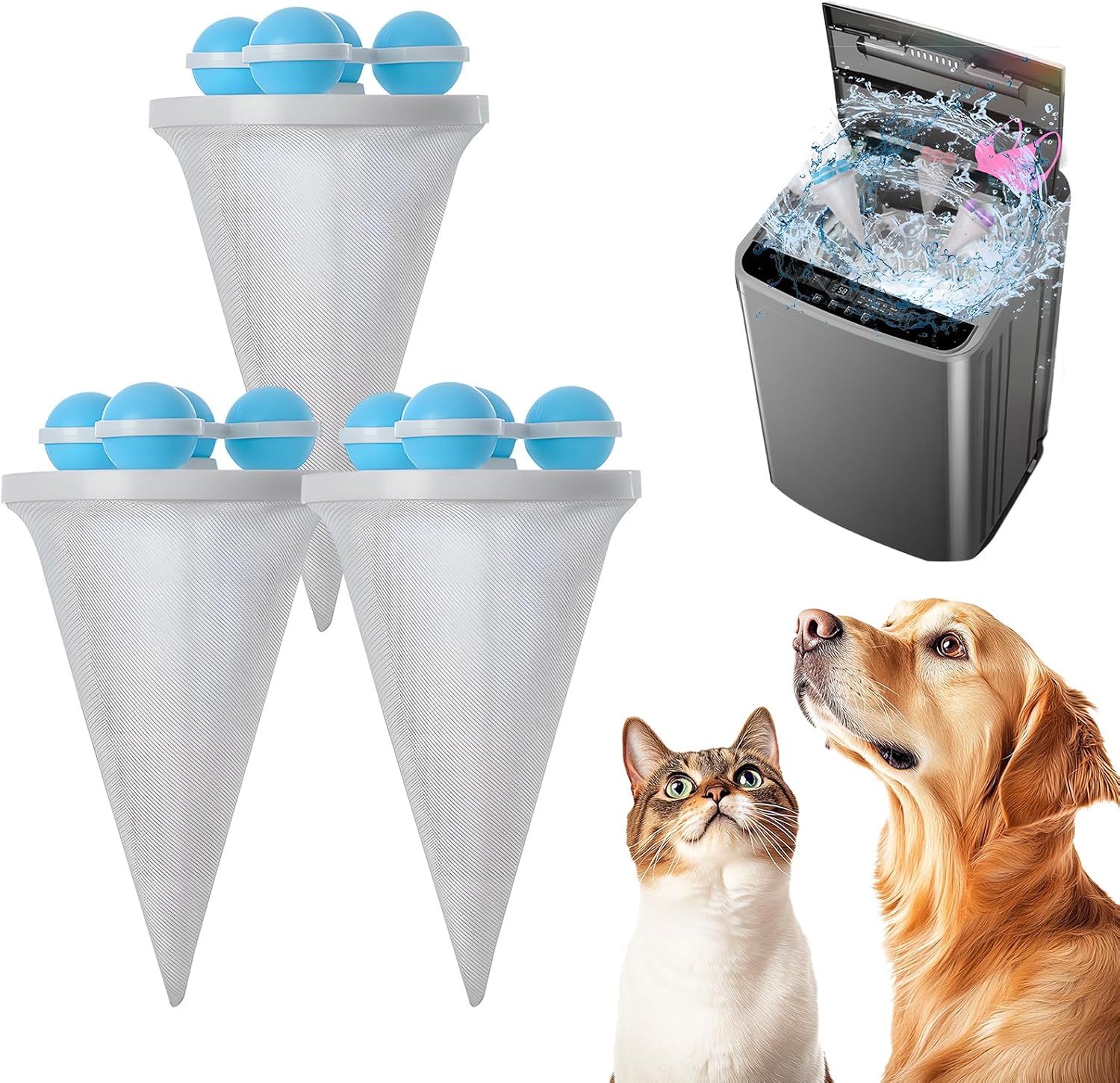 2025 ペットヘアリムーバー 洗濯用 3個 フローティングヘアフィルターメッシュリムーバー ヘアフィルタークリーニングメッシュバッ