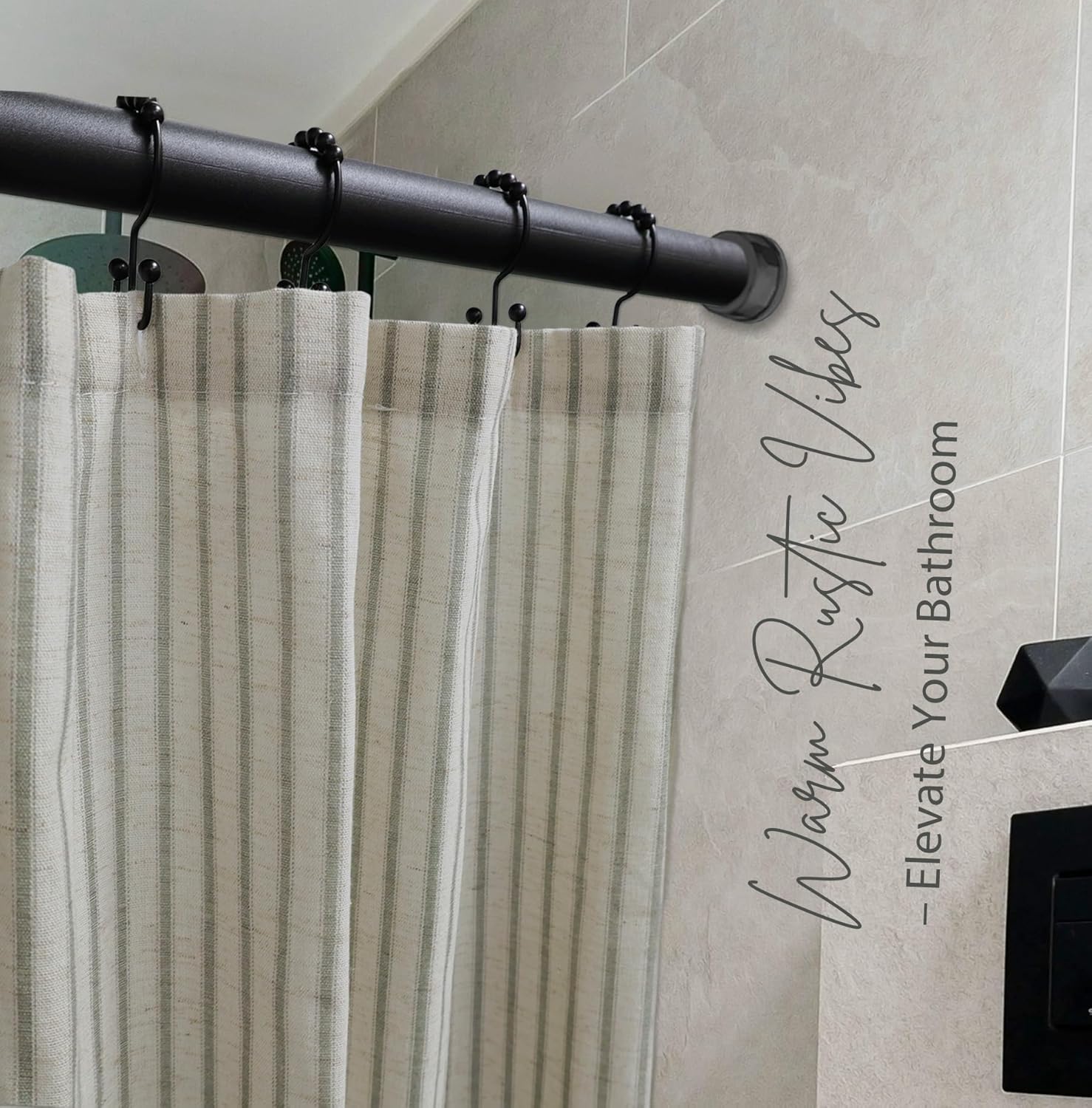 Farmhouse Striped Shower Curtain - 72x72 Inches, Linen Blend Fabric, Breathable & Machine Washable, Rustic Sage for Bathroom Decor (Hooks/Liner Not Included)